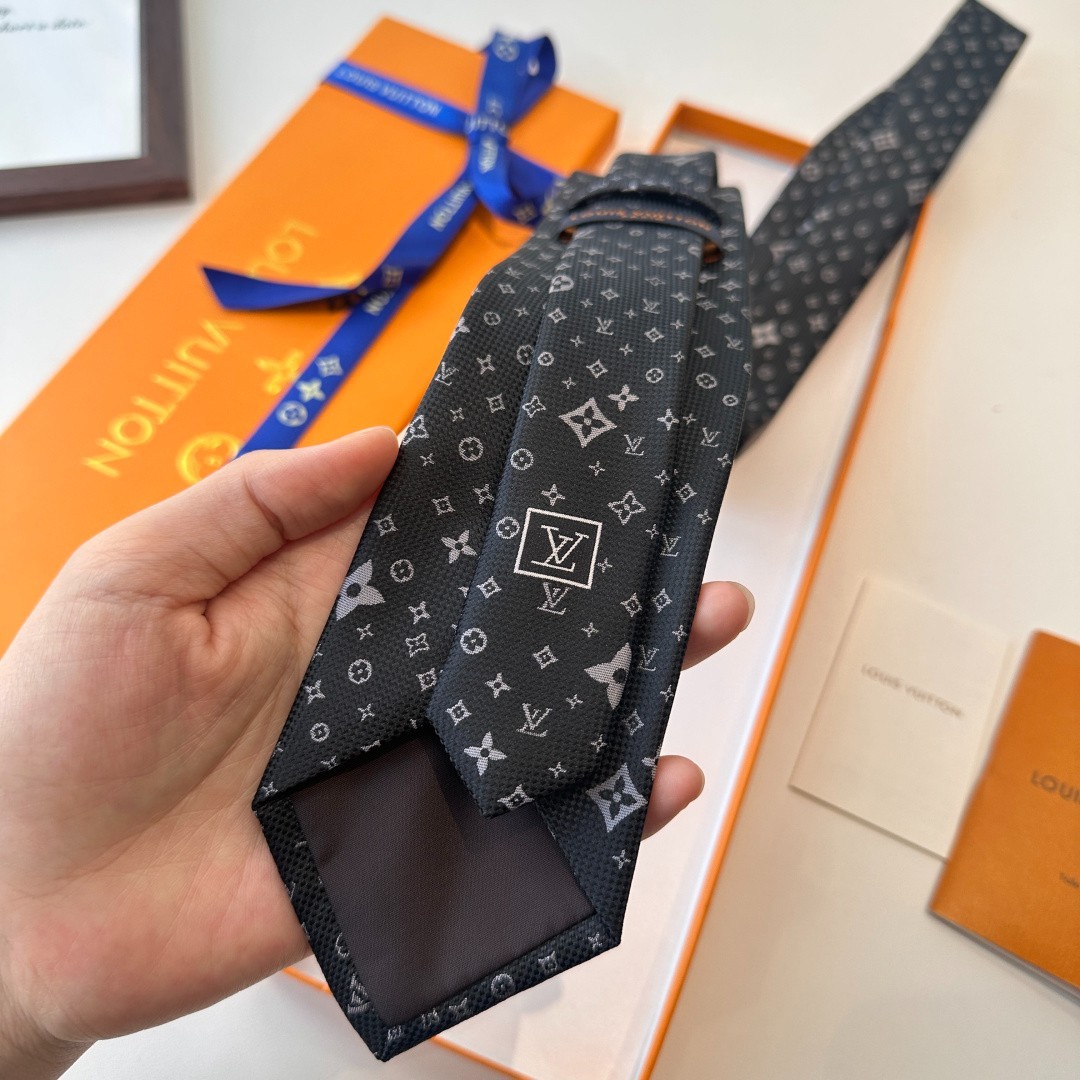 L.V. Paris Designer Silk Tie Black Grey Monogram Pattern Luxury Necktie w/ Box