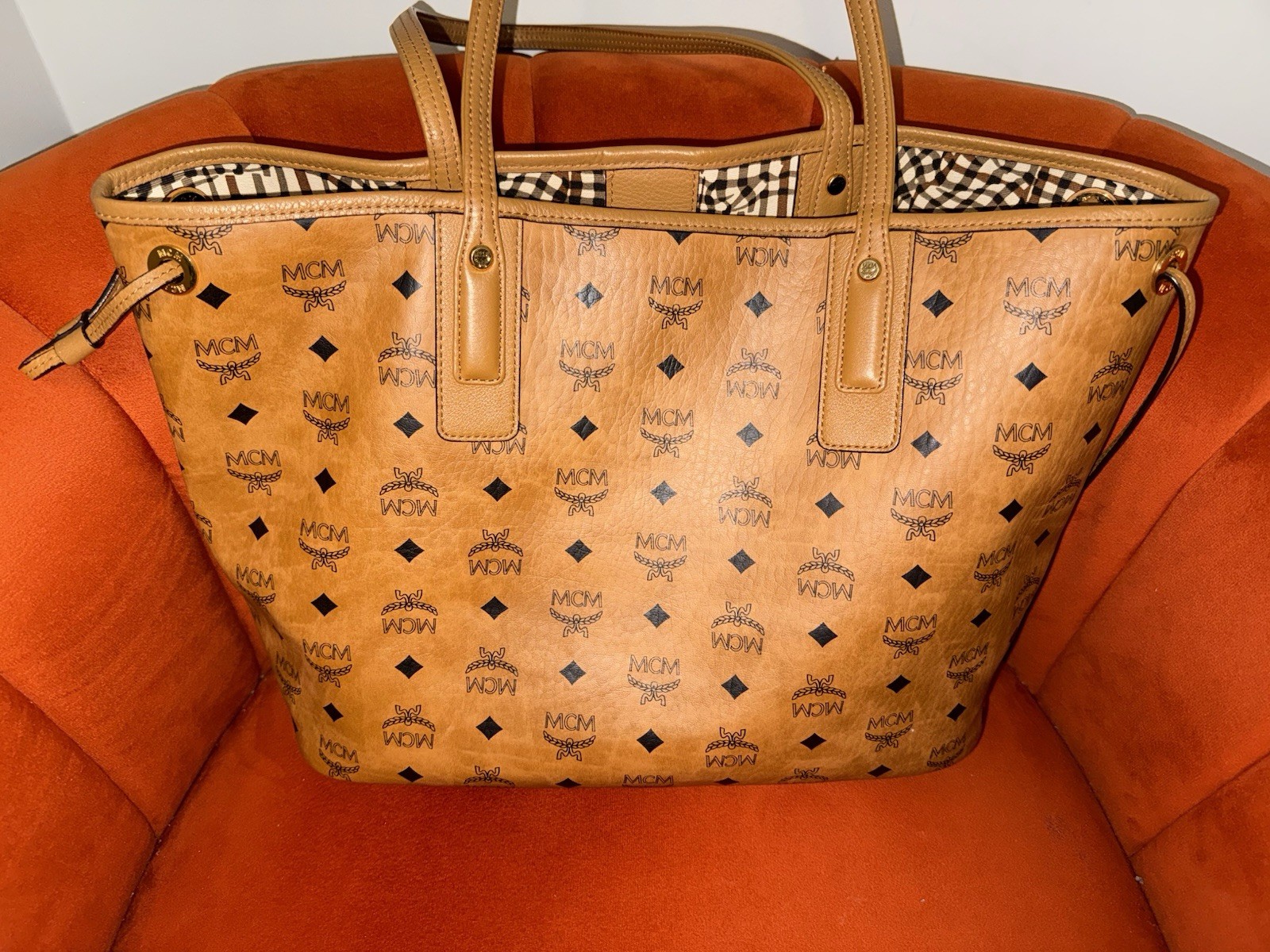 MCM Monogram Brown Tote Bag w/ Pouch, Logo Accents, Inner Pockets, Gold HW