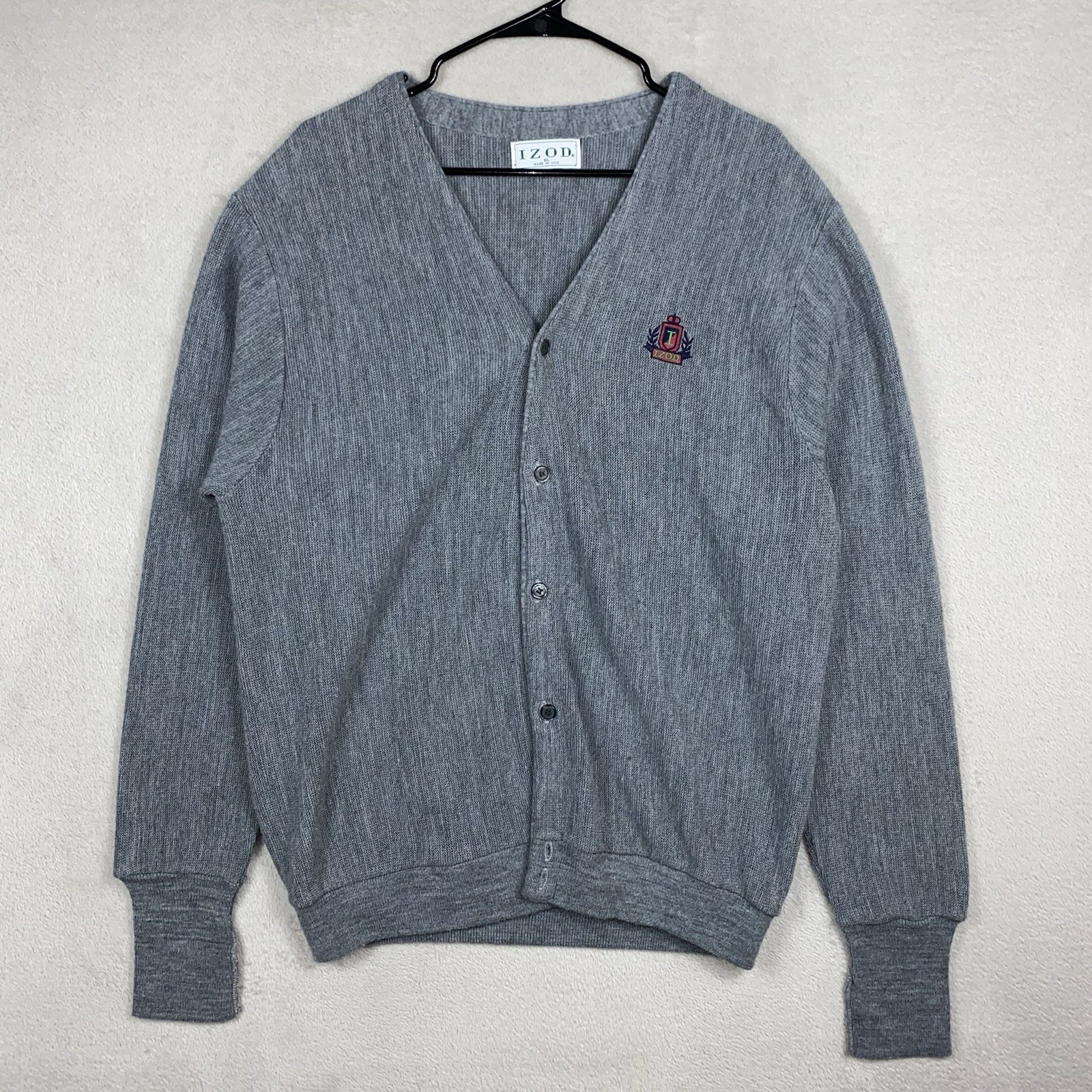 Vintage Izod Cardigan Sweater Men’s XL Gray Academia Acrylic Made In USA Grandpa