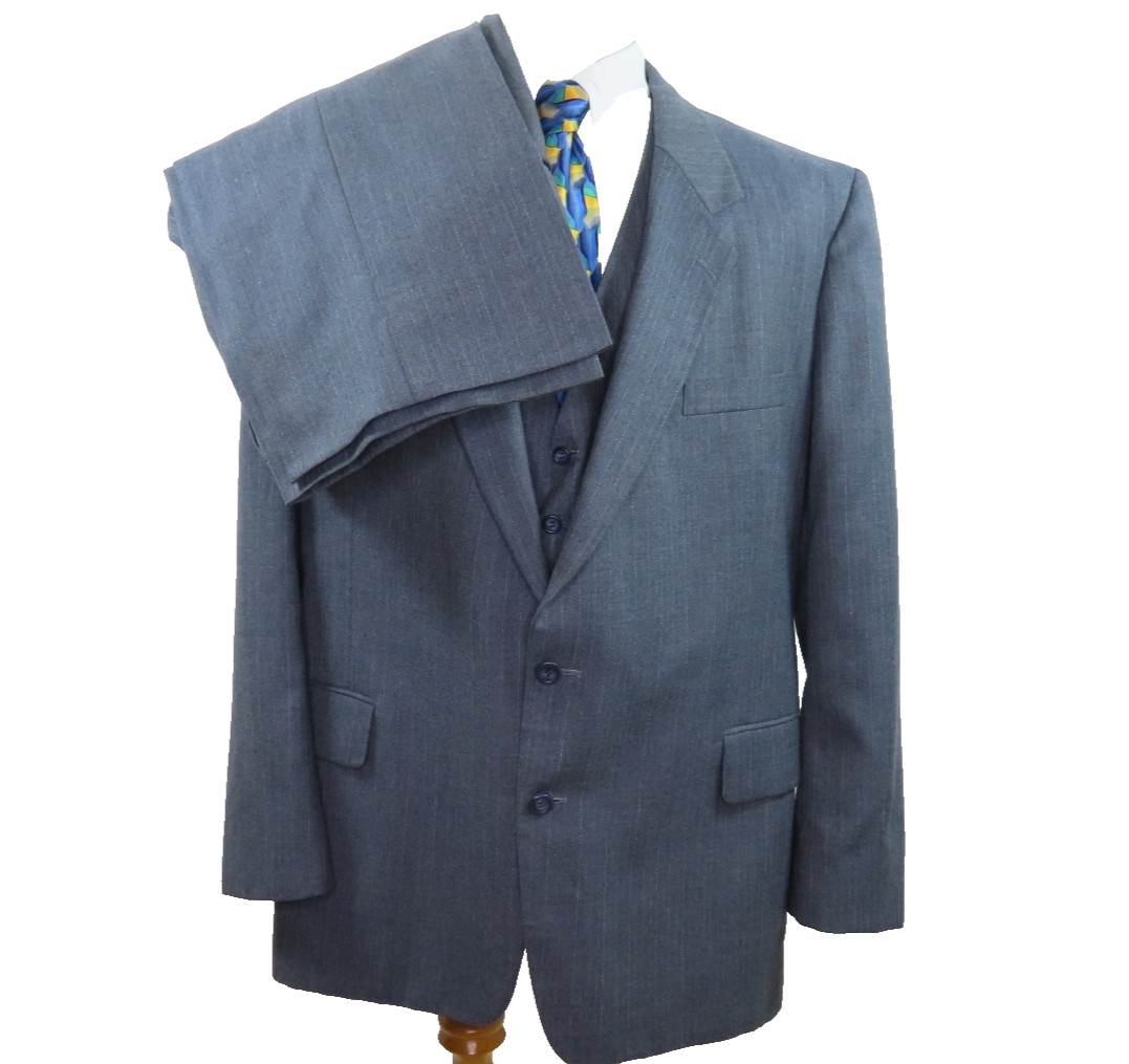 Vintage Three-Piece Mens Suit Gray Striped Wool Witty Brothers 43×28 48/50 R
