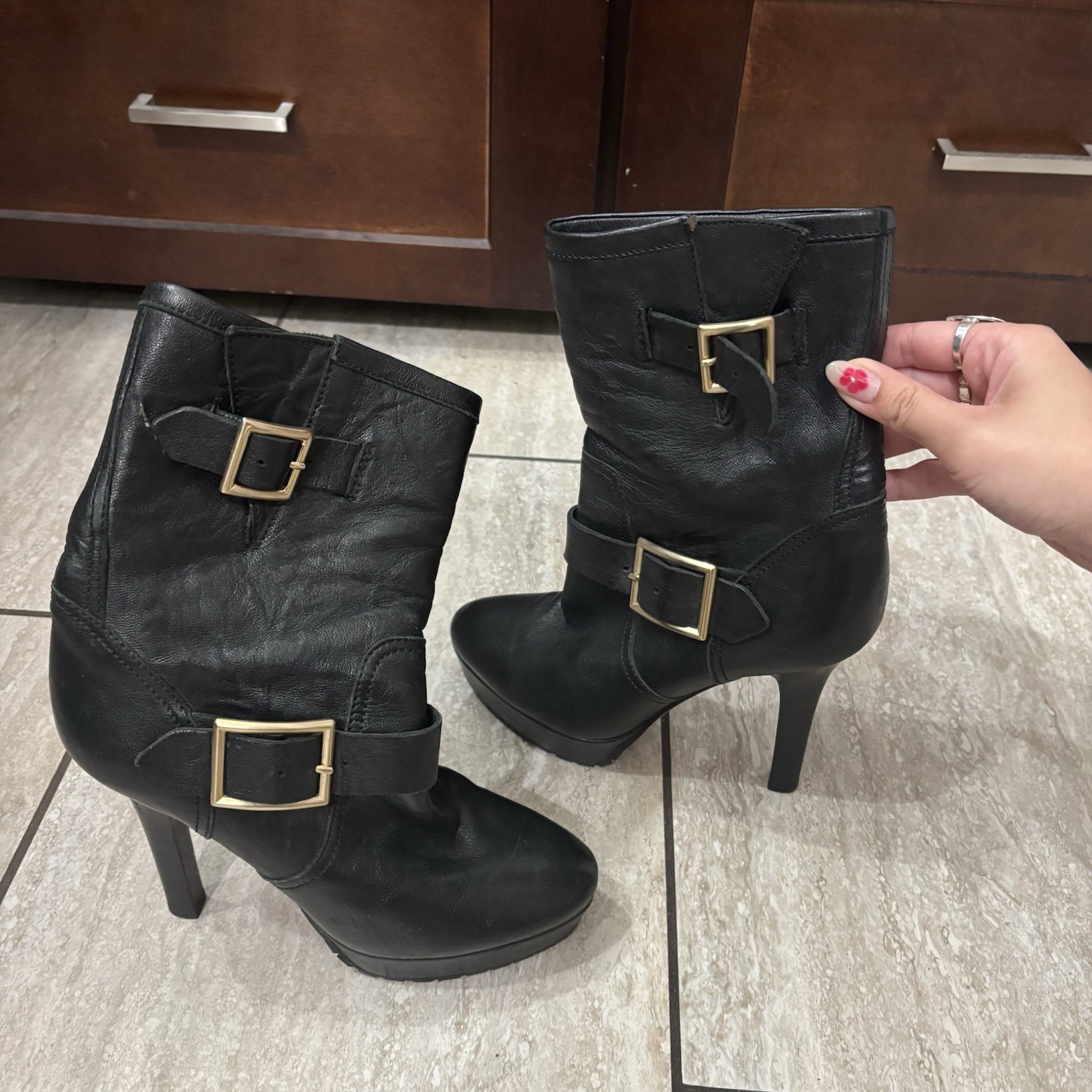 Vintage Jimmy Choo Black Leather Galen Moto Stiletto Buckle Boots US 7.5