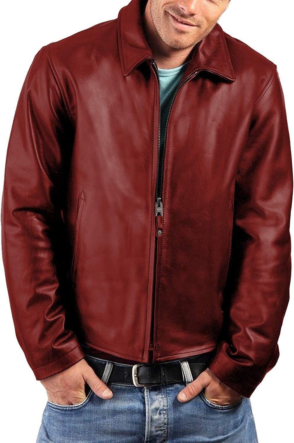 Dark Red Genuine Sheepskin Leather Jacket Classic Style Collared High Quality