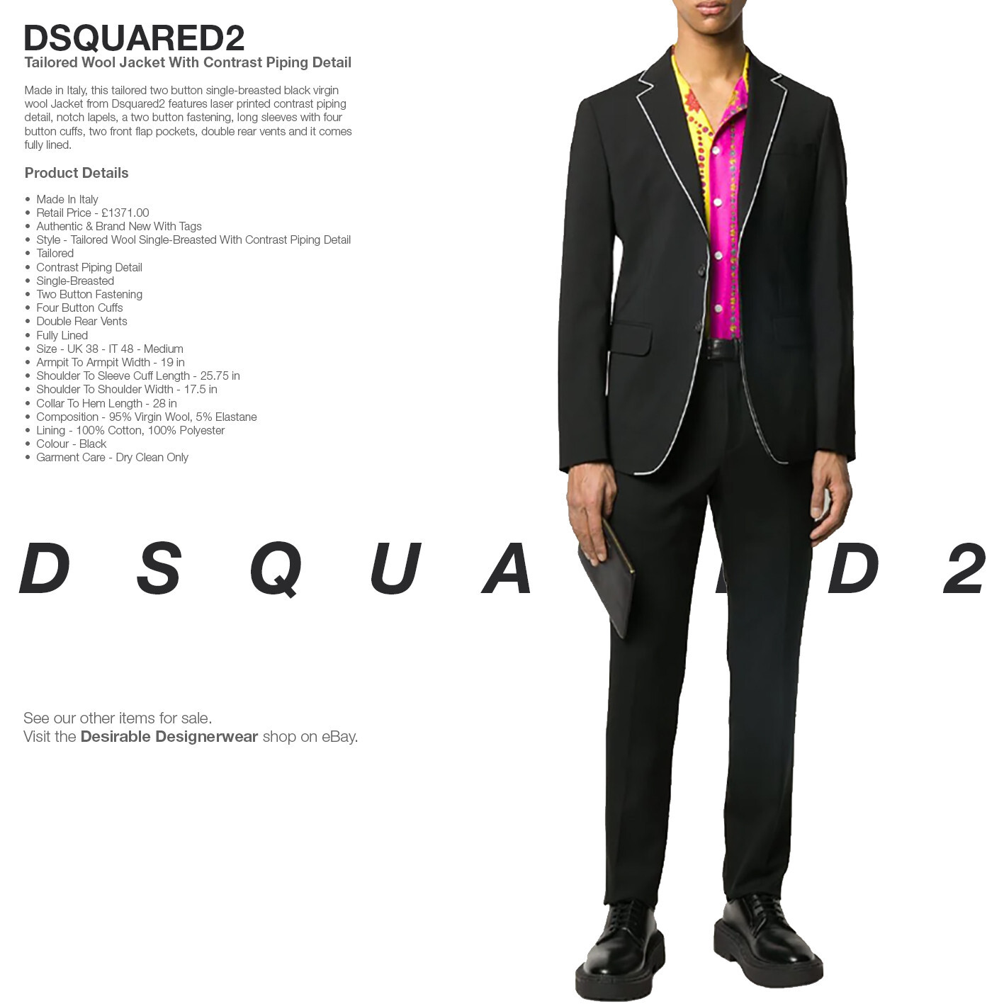 DSQUARED2 Blazer Jacket White Piping Detail Slim Fit Black Size 48 – RP £1371.00