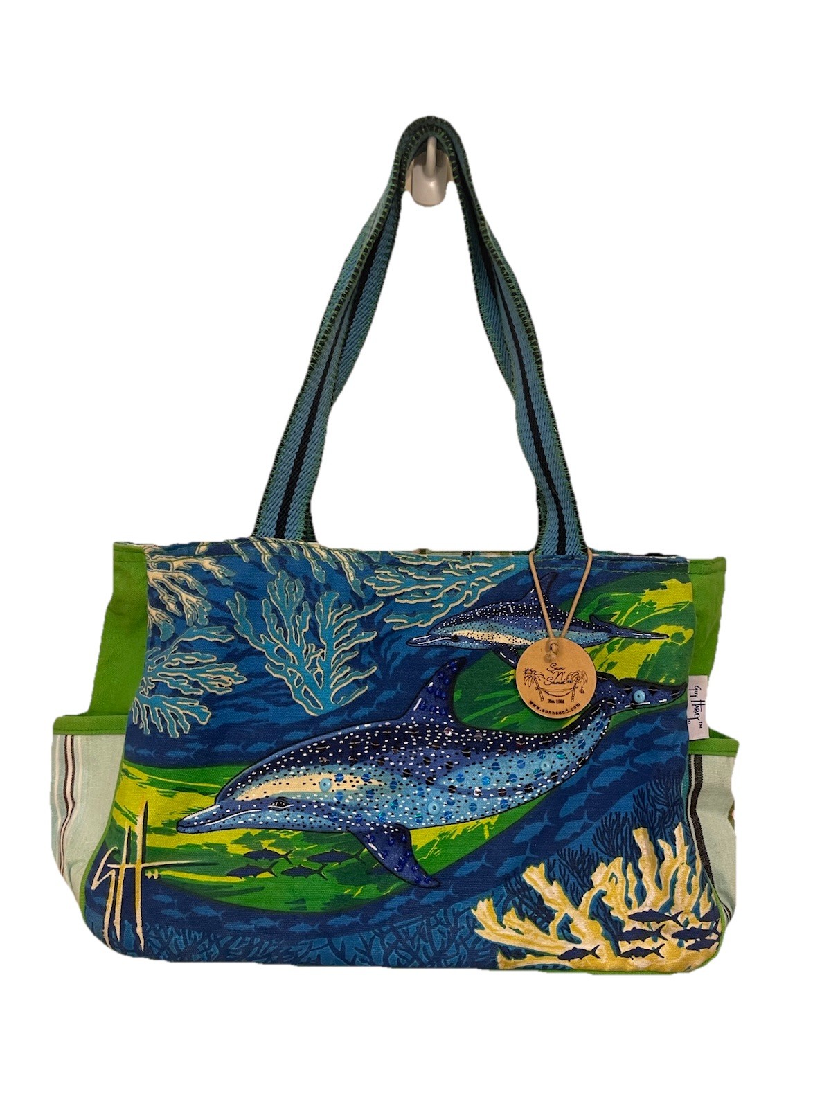 Guy Harvey Graphic Dolphin Blue Green Medium Tote Bag Vacation Resort