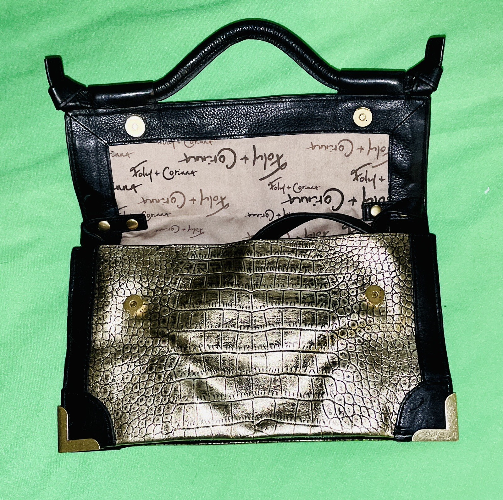 $295 FOLEY & CORINNA FRAMED FLAP GOLD CROCODILE EMBOSSED LEATHER CROSSBODY BAG