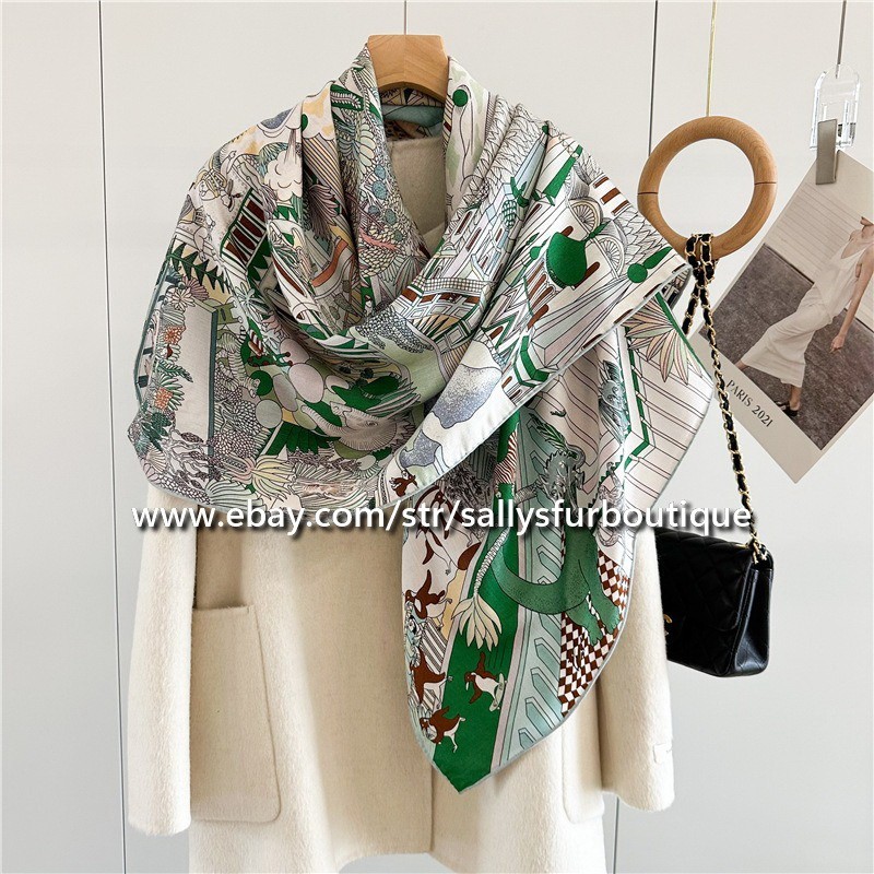 Sallys 70% Cashmere & 30% Silk Wrap Scarf Animals Print Double Face Shawl 53″