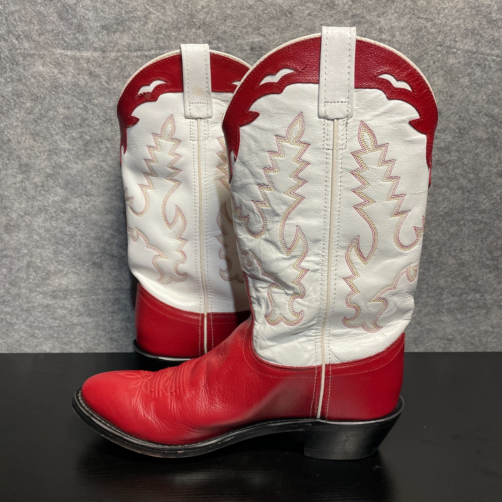 Vintage Western Cowboy Boots Women’s 8.5 Red White Leather Pull On Pointed Toe