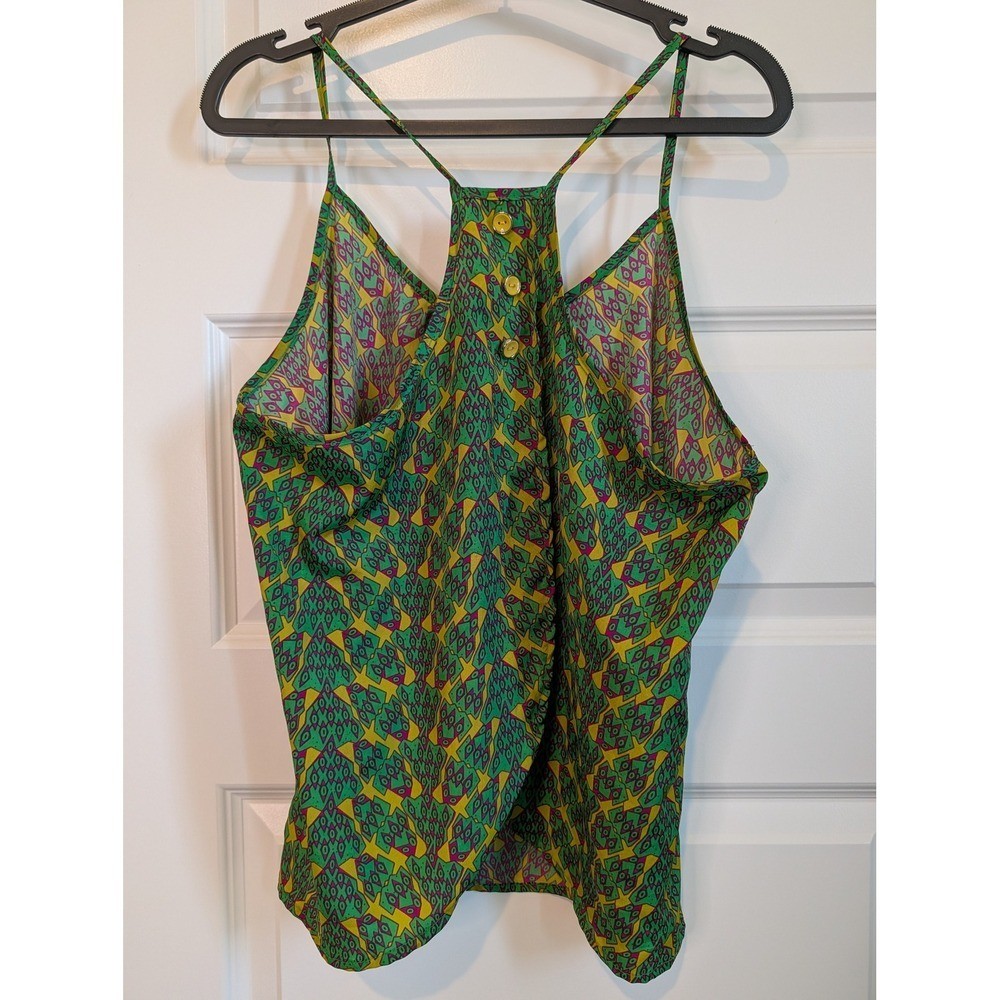Entro Geometric Print Racerback Tulip Back Camisole Tank Top Green Yellow Purple