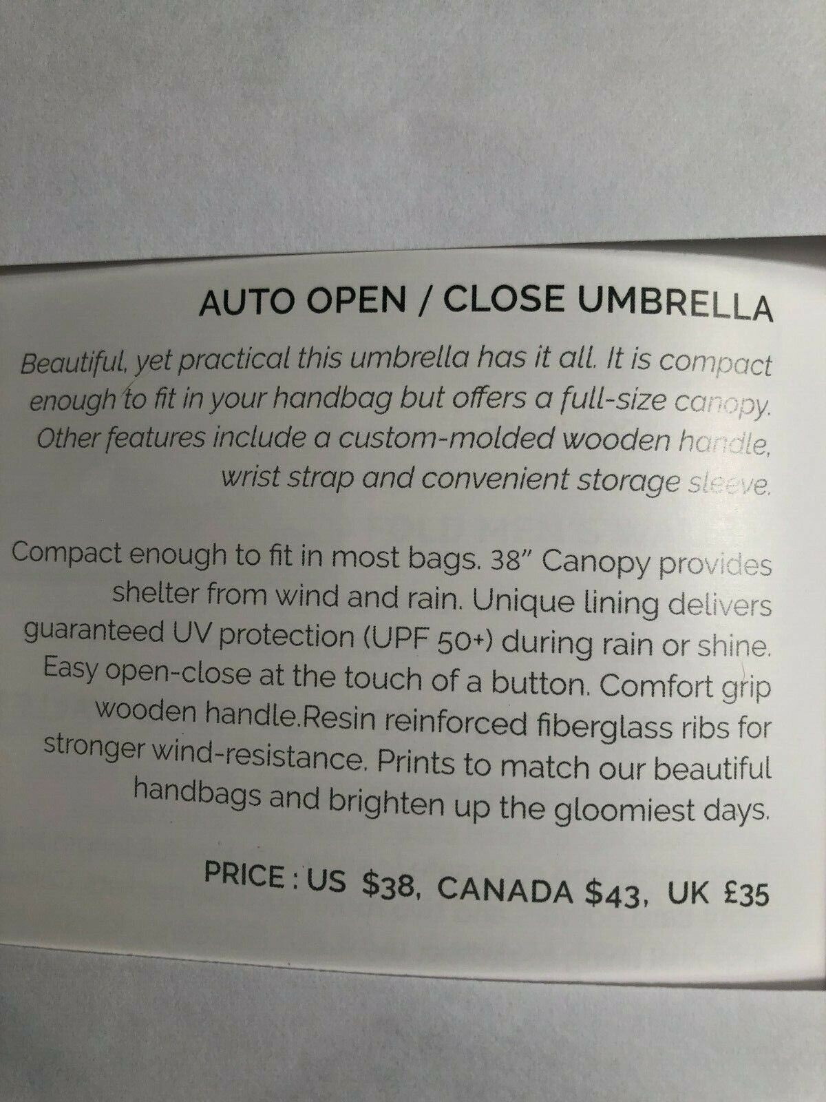 WOMEN’S PARASOL – ANUSCHKA INDIA -38″ CANOPY – OF A KIND – GUARANTEED UPF 50+