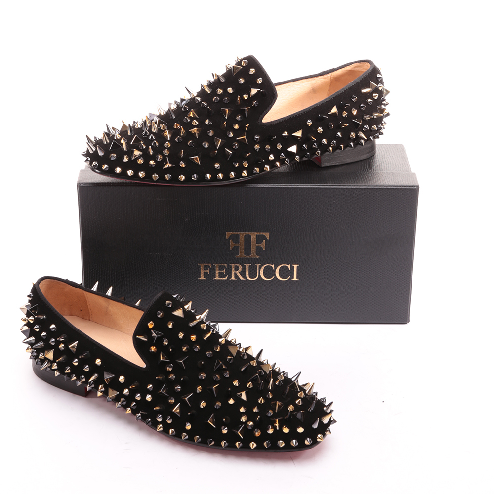 Men FERUCCI Black Velvet Slippers Loafers Flat Gold Spikes Rivet Wedding Prom