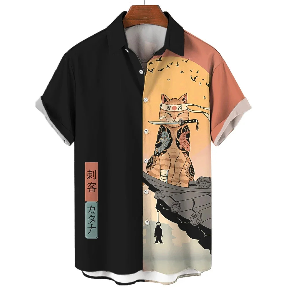 Fashion Men’s Clothing Cool Samurai Cat Tops Summer New Men’s Clothing Casual