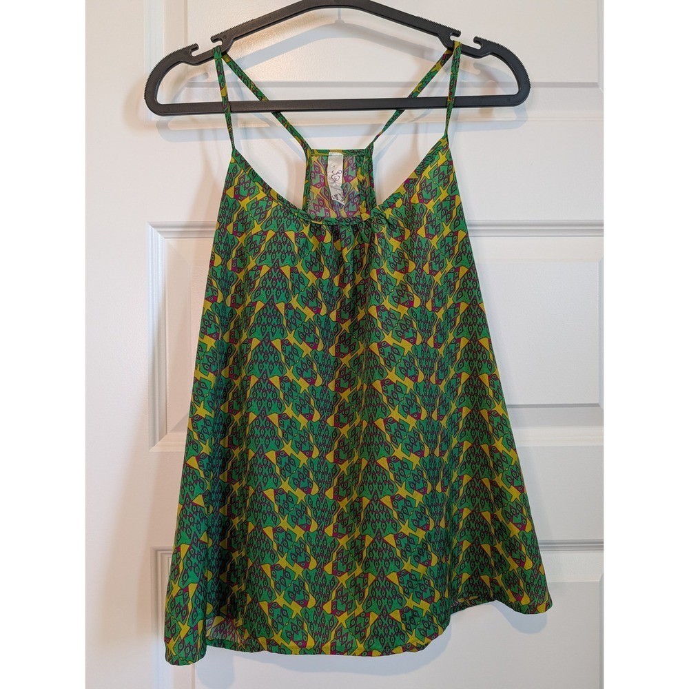 Entro Geometric Print Racerback Tulip Back Camisole Tank Top Green Yellow Purple