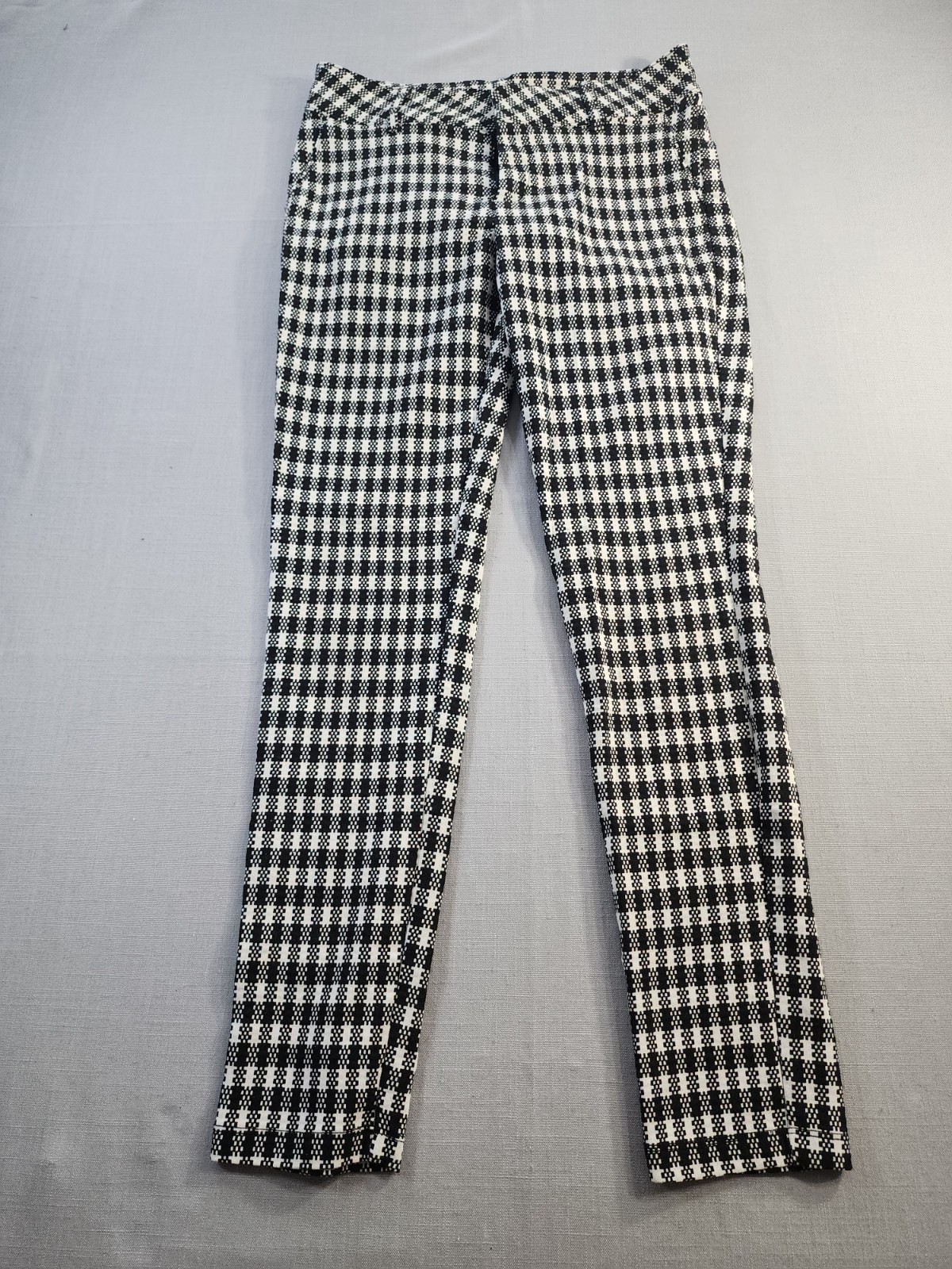 Women’s Black White Checkered Pants Slim Straight Leg Stretch Casual Dress Pants