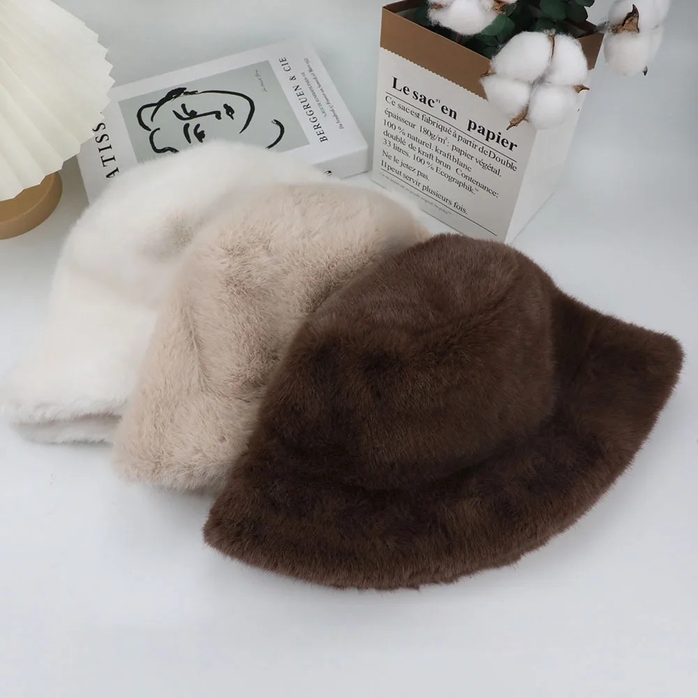 Fluffy Fur Bucket Hat – Warm Fisherman Plush Winter Hat Women Thick Furry Faux