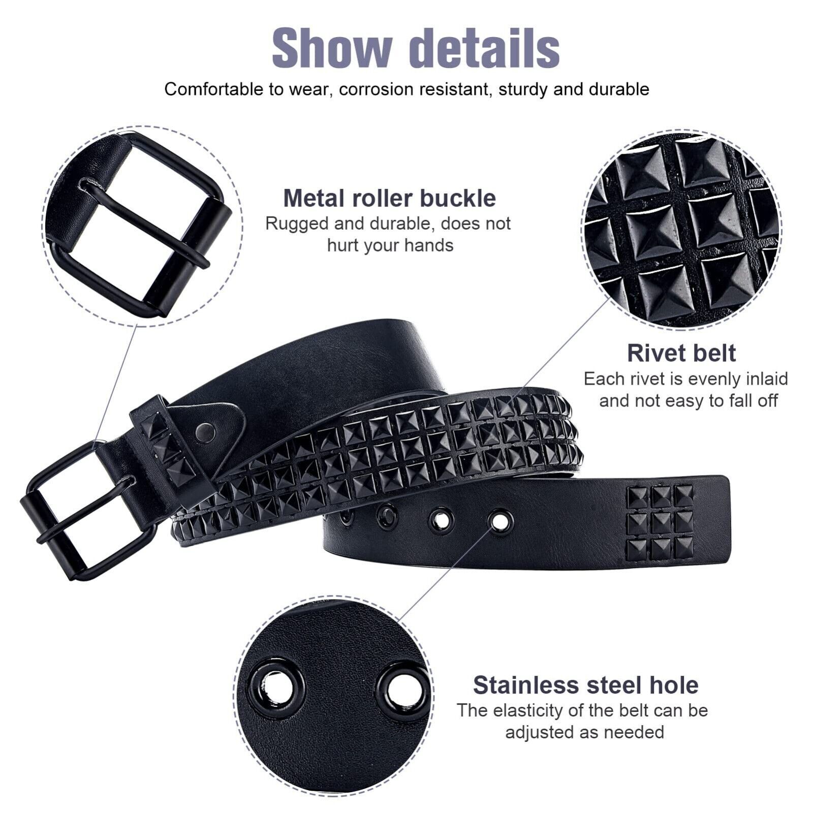 3 Row Pyramid Studded Belts Emo Stud Belt PU Leather Rock Punk Goth Metal Rivet