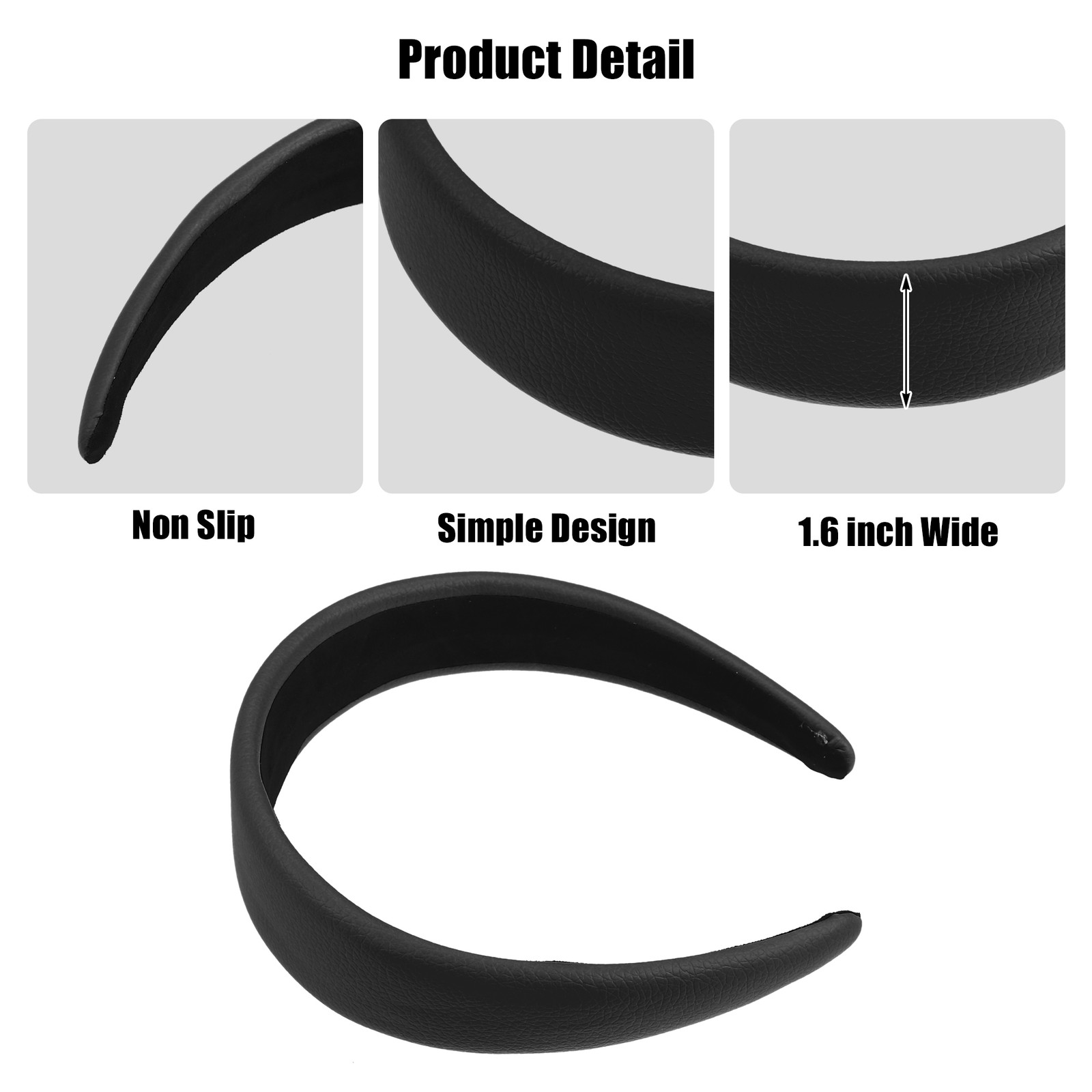 1Pcs Women Headbands Solid Colors Faux Leather Hard Hair Bands 1.6″ Wide Black
