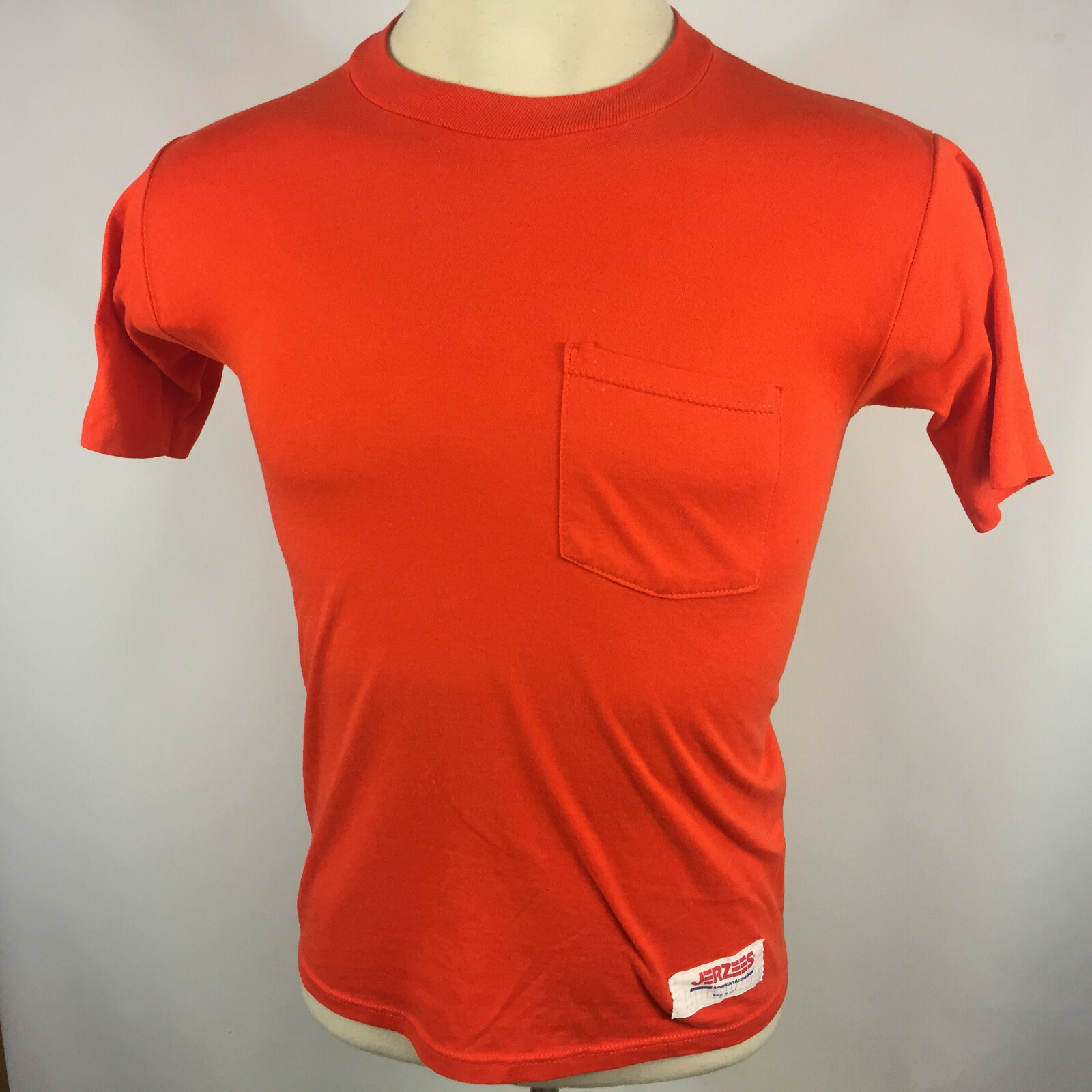Vintage 80s 90s Blank Plain Orange Jerzees Thin Distressed Pocket Motorcycle Tee