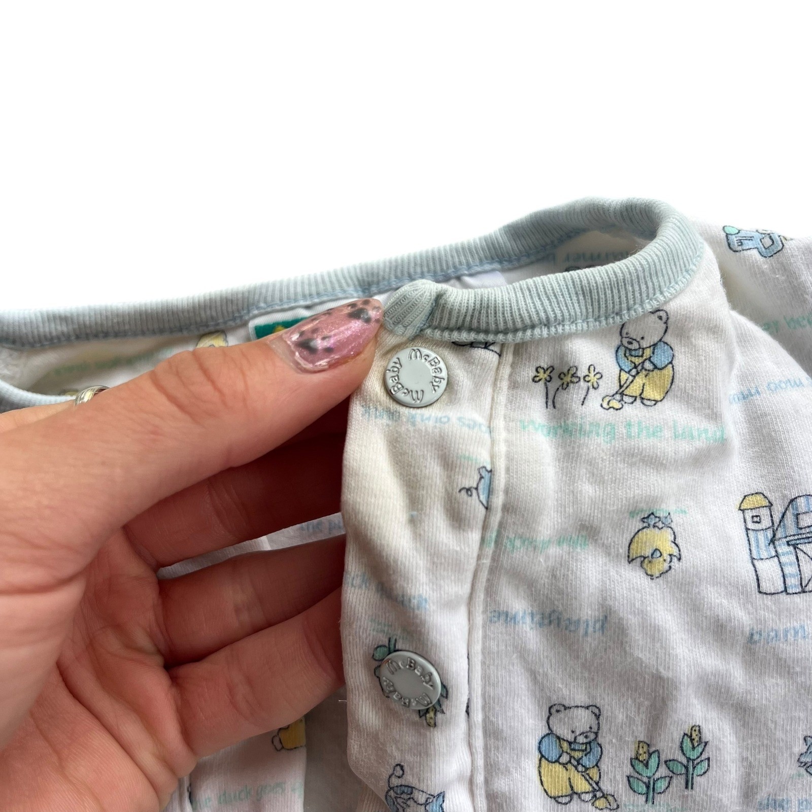 McBaby 6-9 M White Blue Farmer Bear Animal Tractor Print Romper Jumpsuit Vintage
