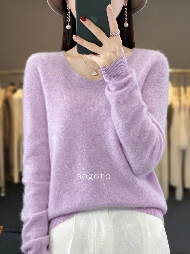 Women’s V-neck Pullover Sweater Knitwear Soft Warm Cashmere Loose Grace Style