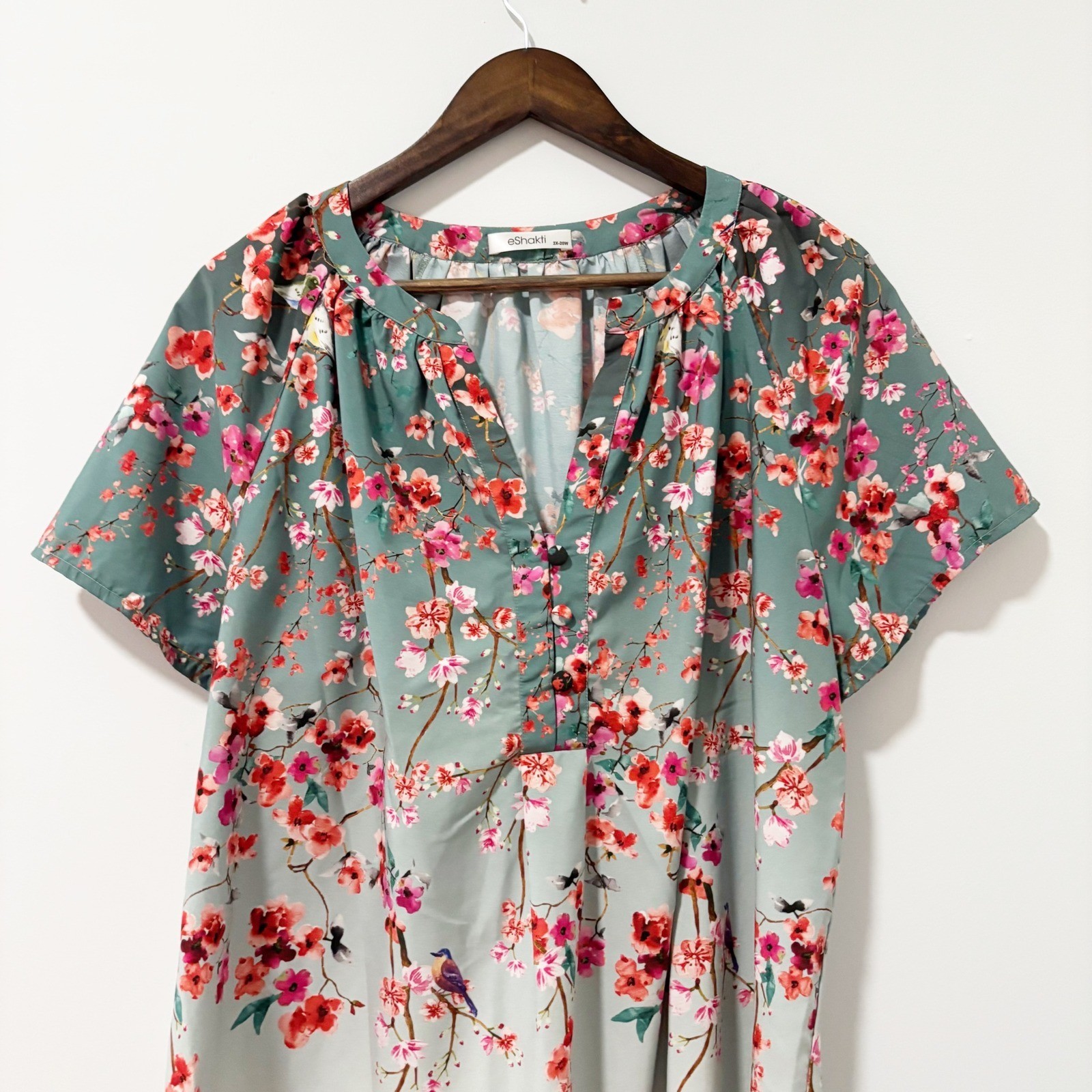 eShakti Womens 2X 20W Floral Bird Ombre Blouse Sage Green Pink Short Sleeve Top