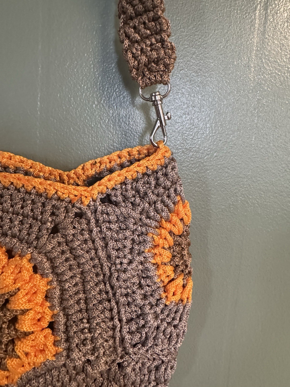 Handmade Crochet Shoulder Bag Brown Orange Round Floral Detachable Strap