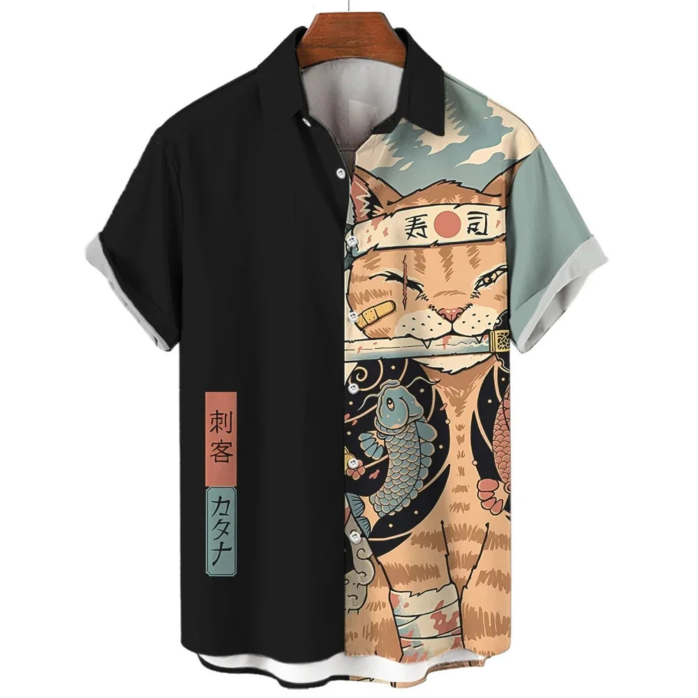 Fashion Men’s Clothing Cool Samurai Cat Tops Summer New Men’s Clothing Casual