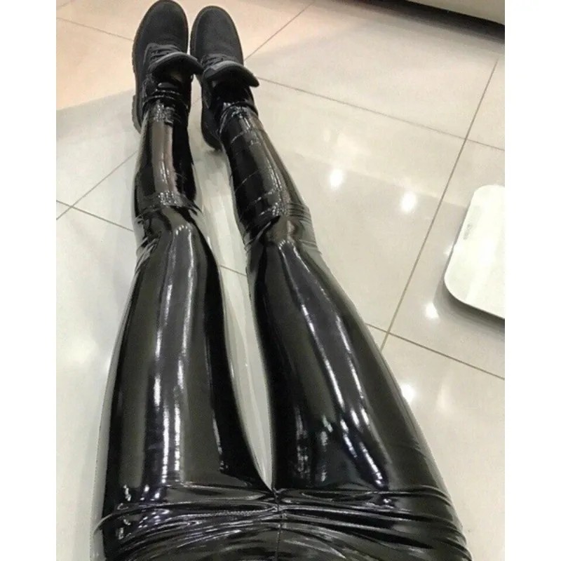 Women High Waist Stretchy Shiny Wet Vinyl Leather Skinny Pants Trousers Leggings