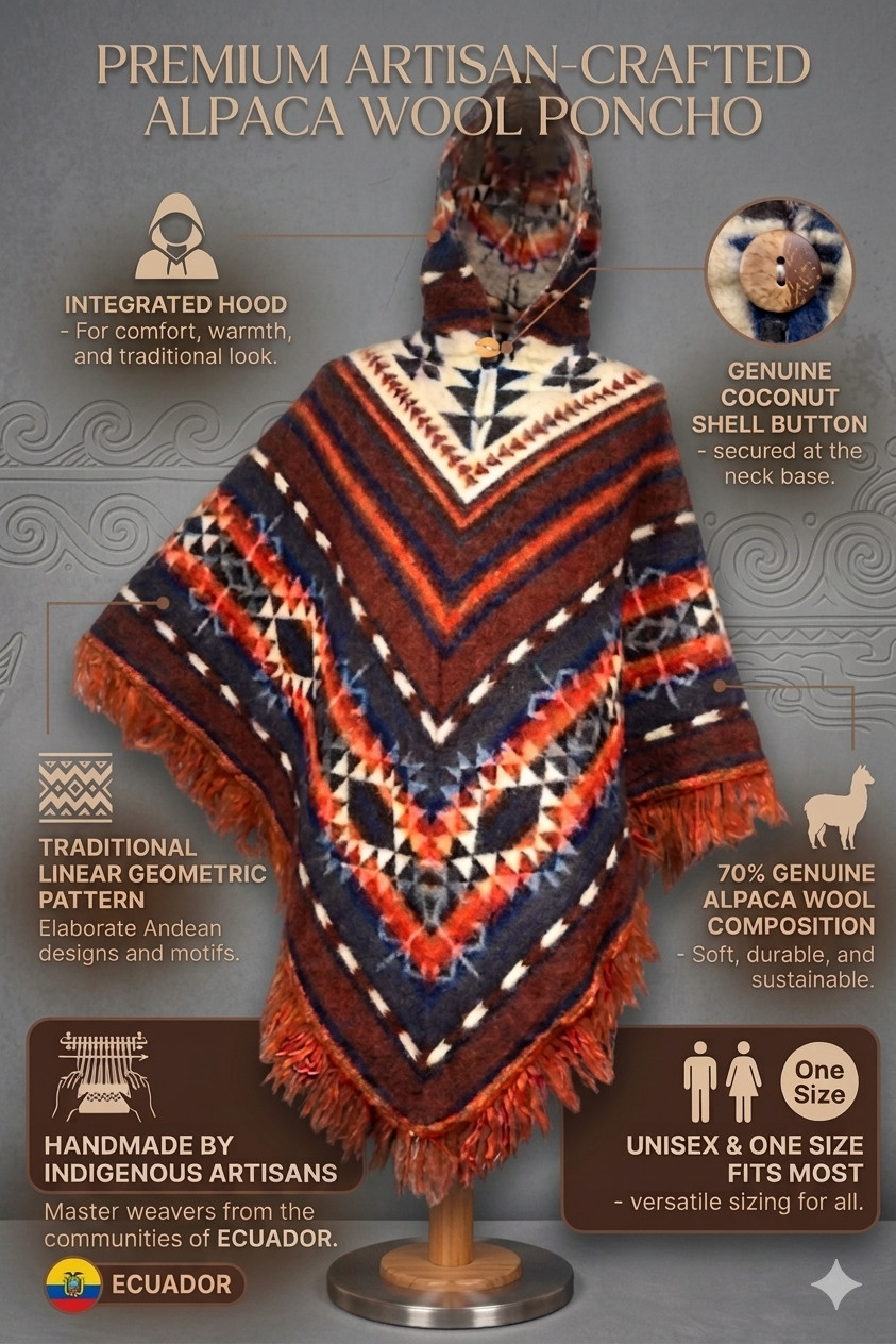 Handmade Ecuadorian Alpaca Poncho, Authentic Indigenous Artisan Wool Cape