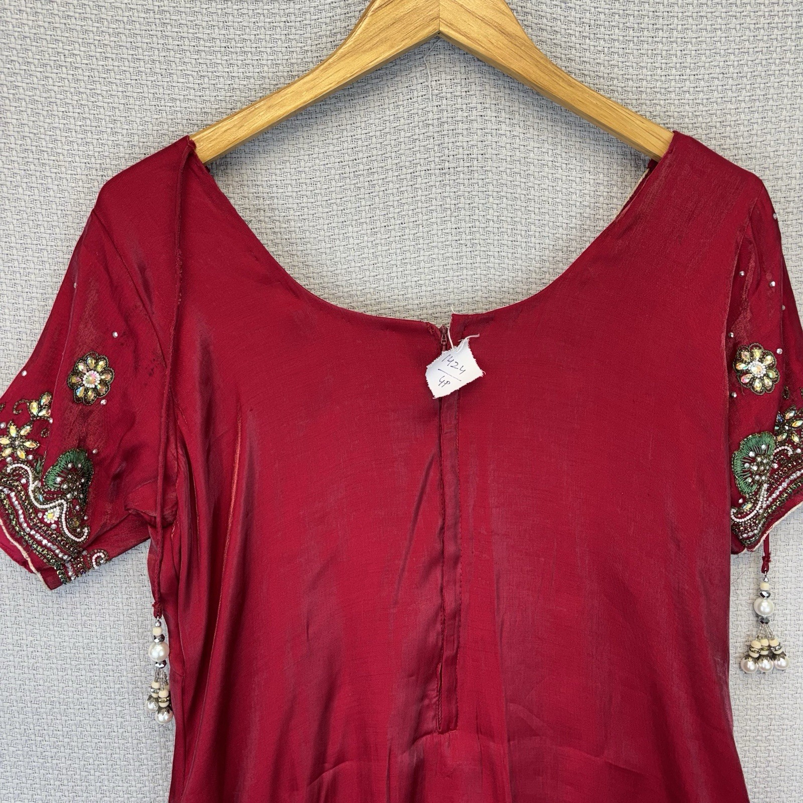 Indian Pakistani Women’s Red Heavily Beaded Kurti Kurta Tunic Dress S 4 Wedding