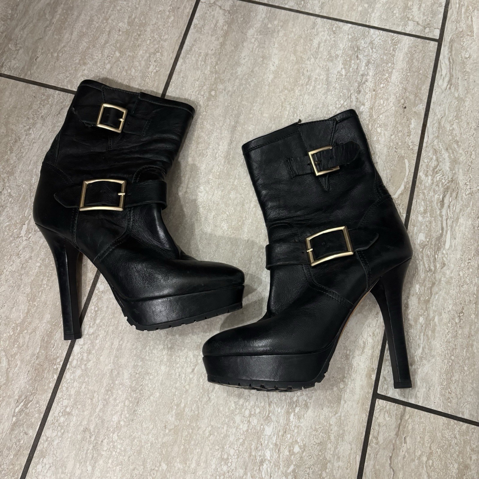 Vintage Jimmy Choo Black Leather Galen Moto Stiletto Buckle Boots US 7.5