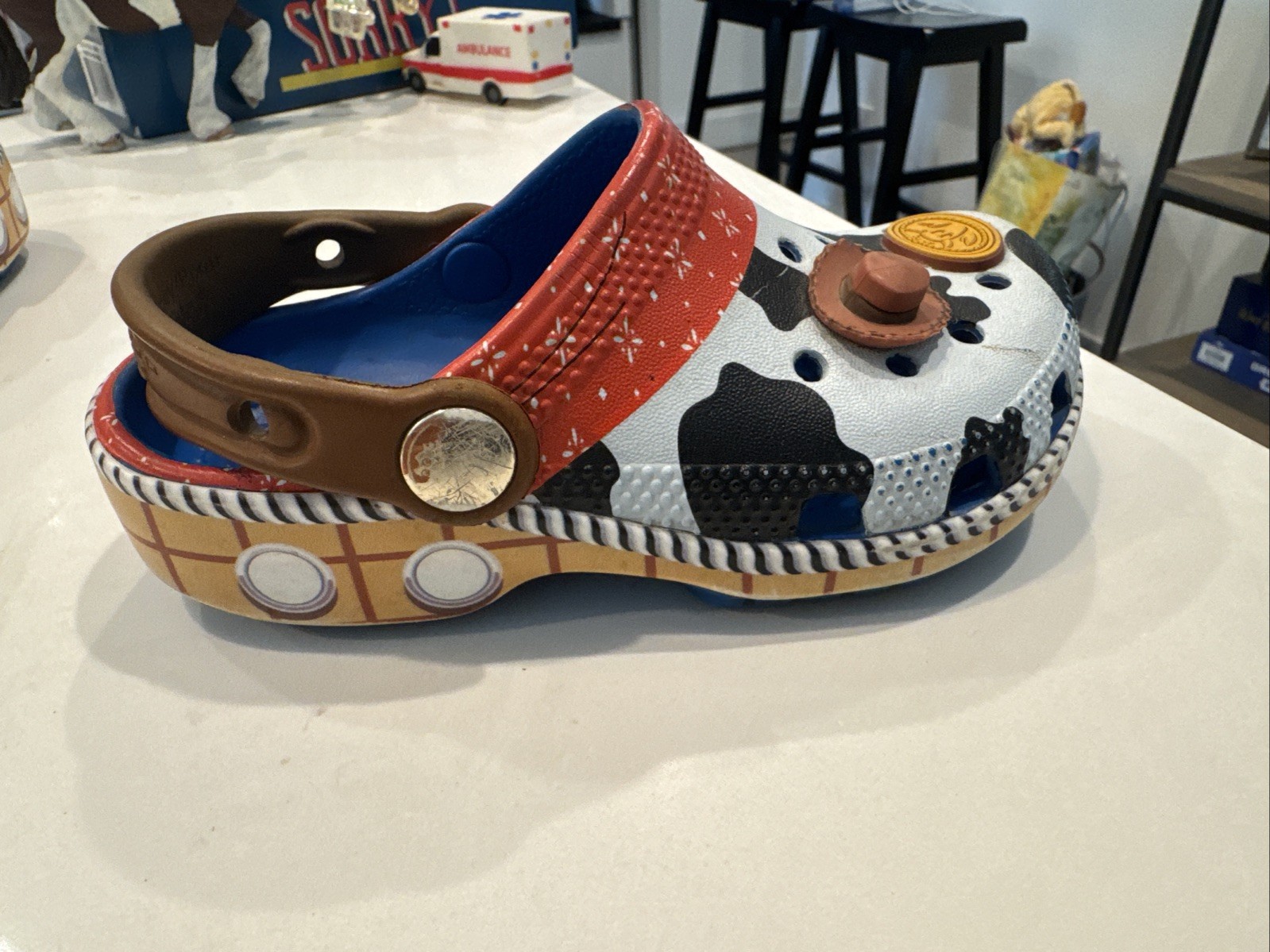 Disney Pixar, Toy Story Woody Cow Print Crocs, Size C9, Children’s, Toy Story 5