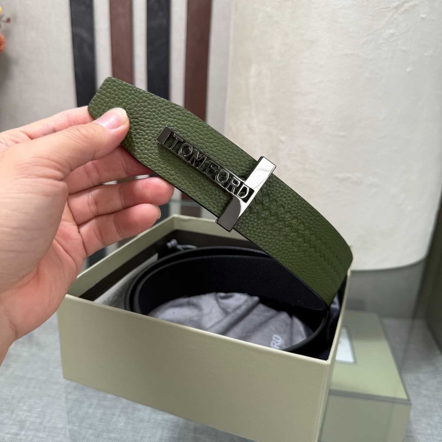 Tom Ford Handmade Reversible Belt 3.8cm/1.50″ Green/Black