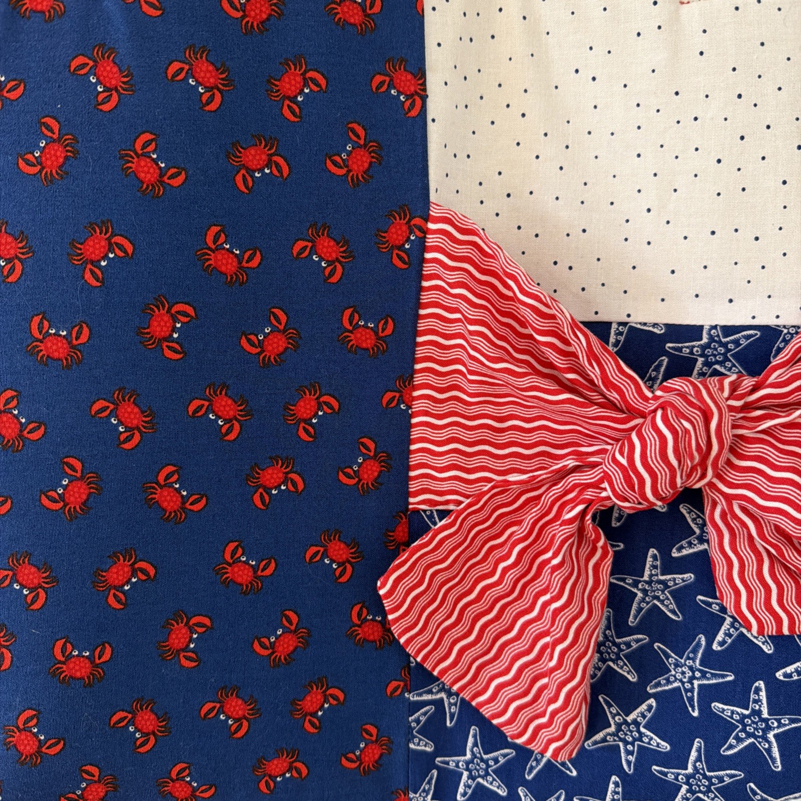 Handmade Patriotic Nautical Handbag Tote Red White Blue Starfish Crab Stripe Bow