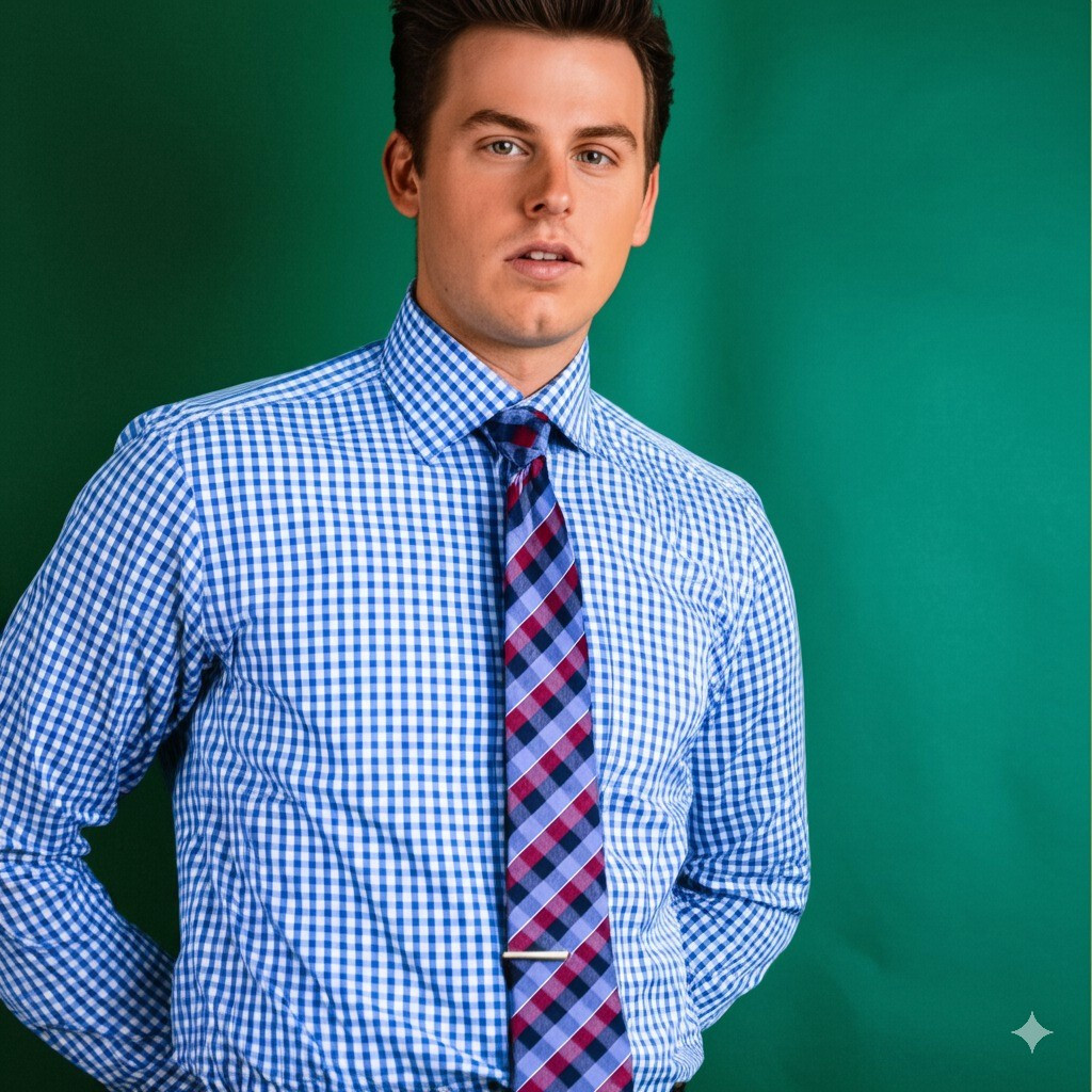 Blue Gingham Check Formal SLIM Dress Shirt Subtle Plaids Windmill inner lining