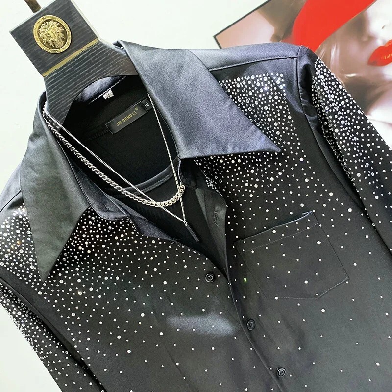 New Luxury Men Diamond Rhinestones Fashion Button-Down Black Shirt High Quality