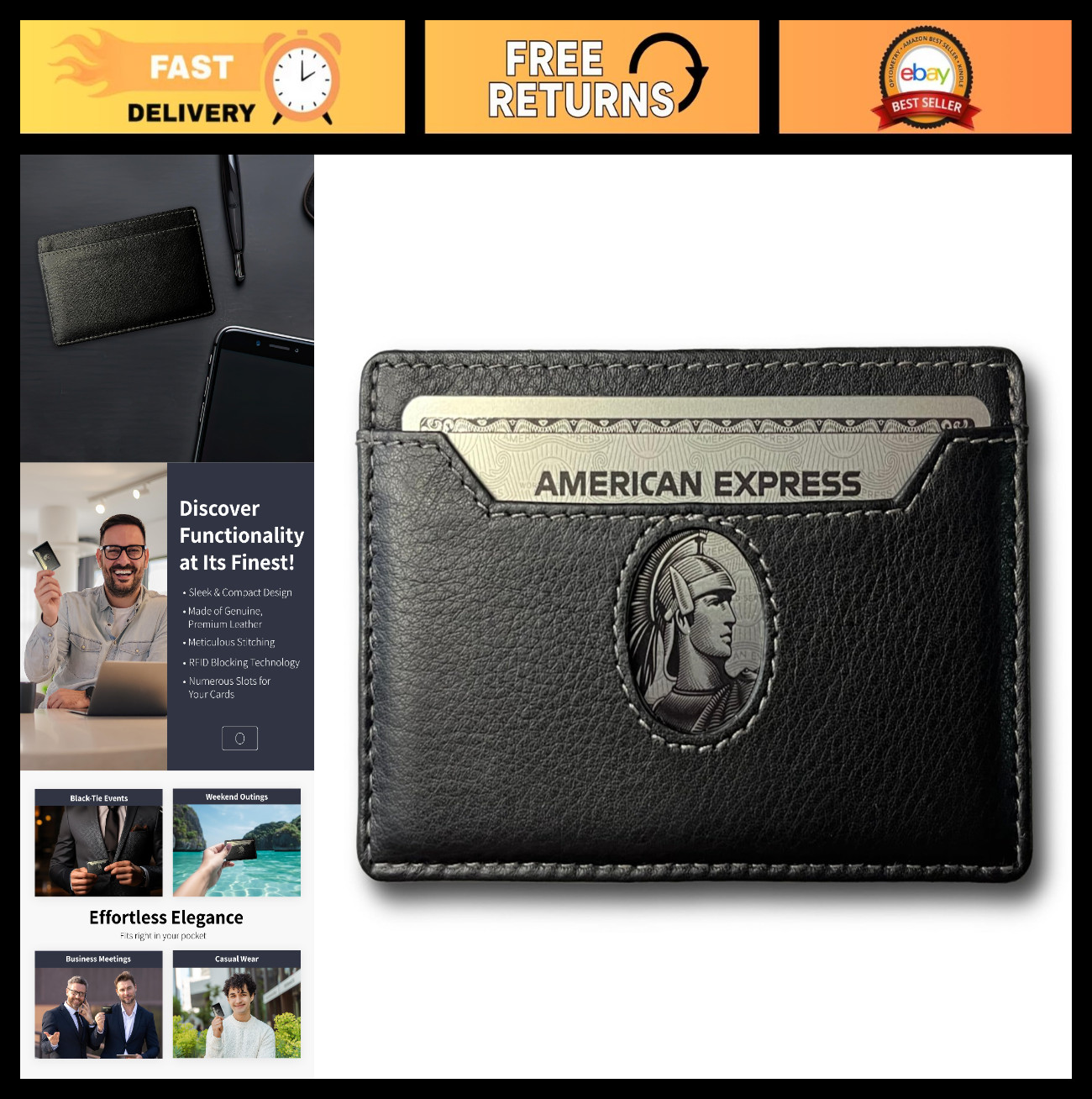 Minimalist Leather Wallet for Men & Women – Ultra Thin Black Credit Card Holder