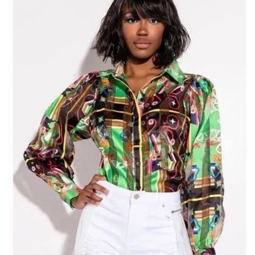 Akira Womens Collared Long Balloon Sleeve Button Front Top Colorful Sheer EUC