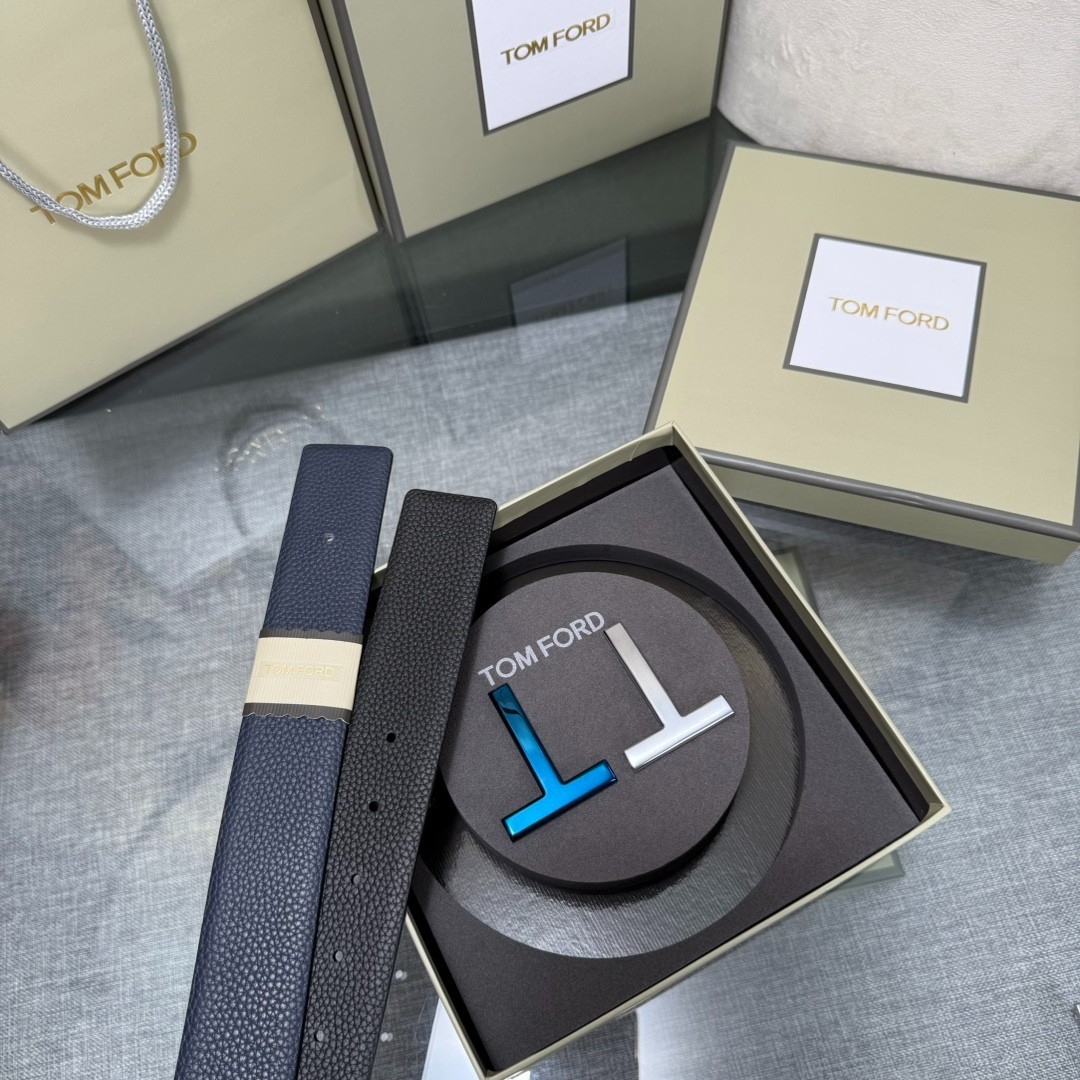Tom Ford Handmade Double-Buckle Reversible Belt 3.8cm/1.50″ Blue/Black