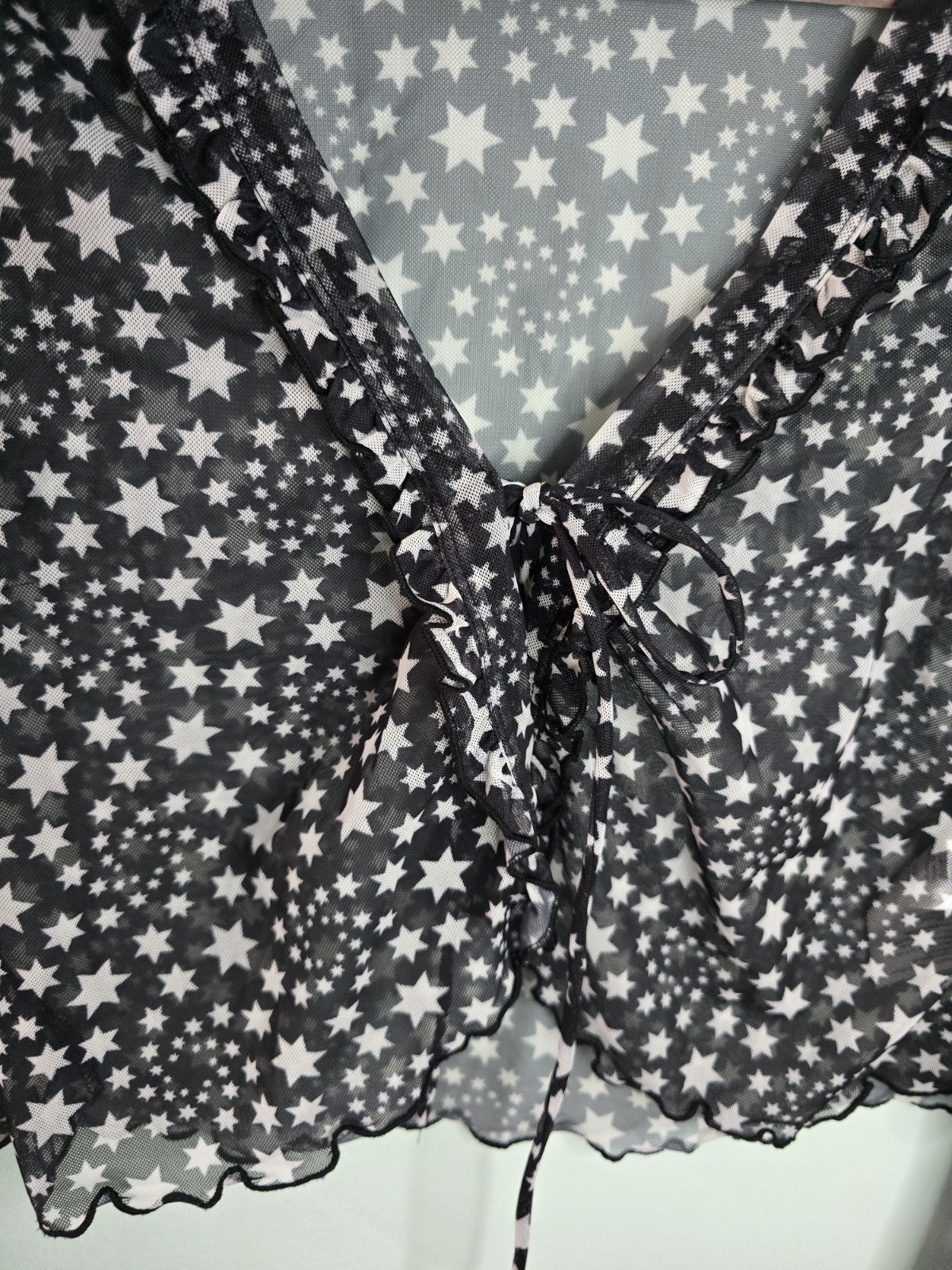 FREE PEOPLE Sheer mesh Black White Star Print Front Tie Marne Top Women’s Size S