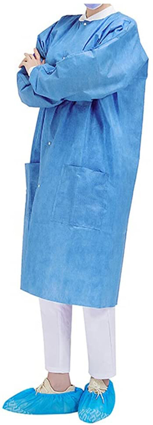 Pack of 10 Disposable Lab Coat Blue SMS with Pockets Adult Knitted Collar Cuffs