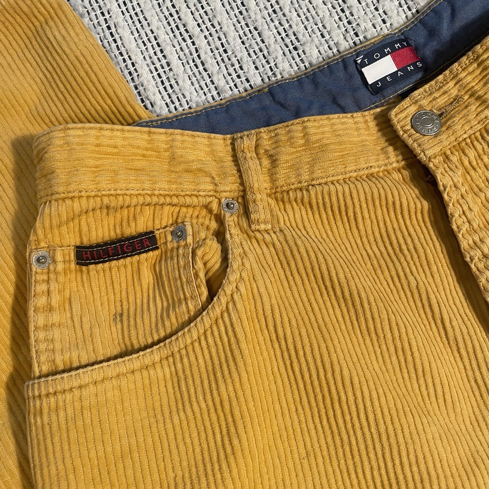 DISTRESSED Tommy Jeans Men’s Yellow 90s wide Corduroy Pants 36w vtg street style