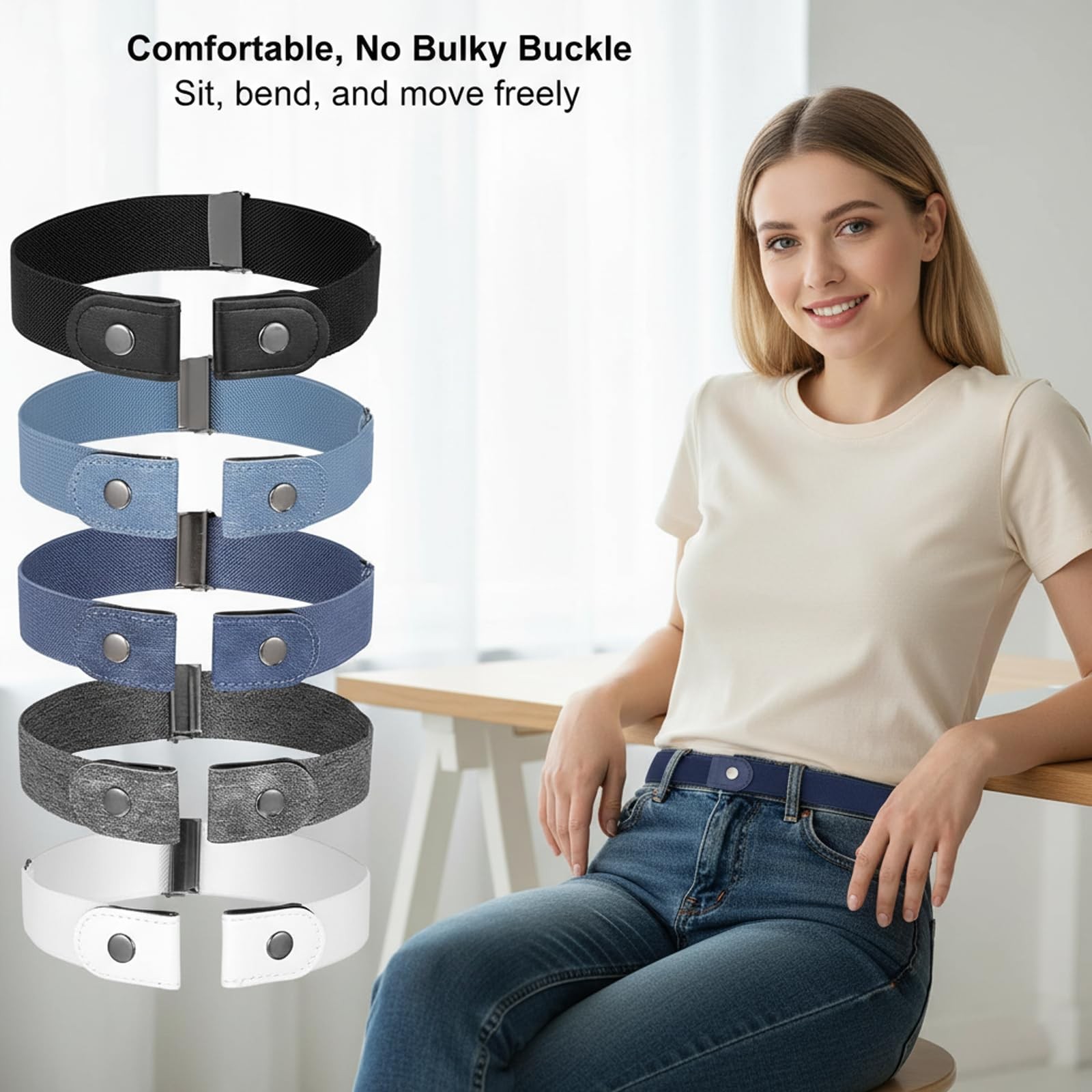 5 Pcs No Buckle Stretch Belt Elastic Invisible Waist Belt for Men Women Jeans