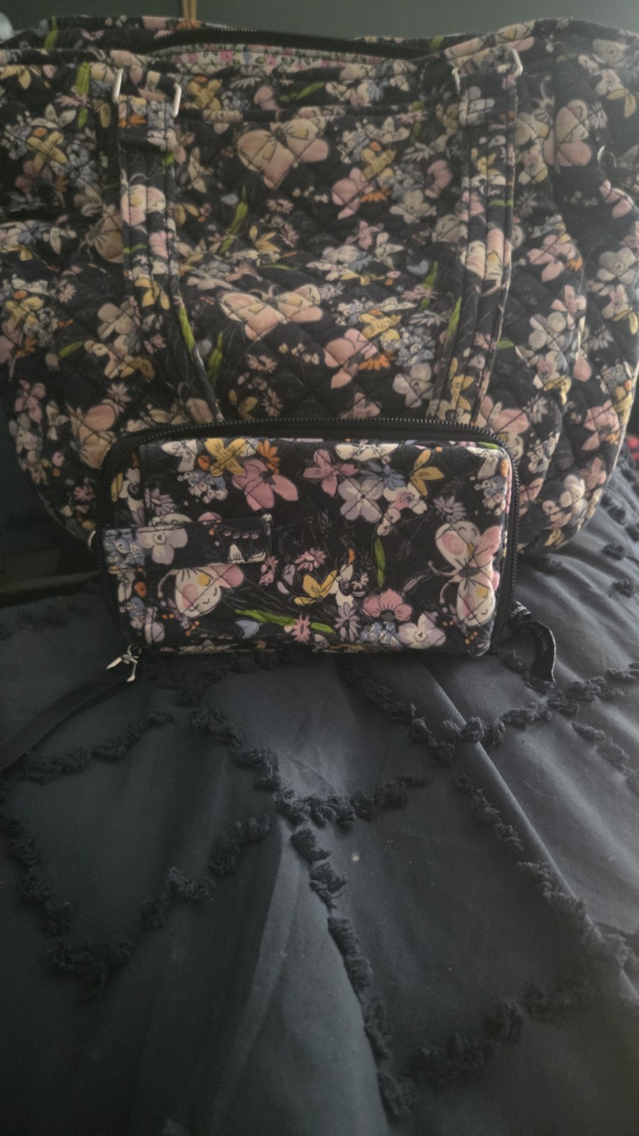 Floral Butterfly Large Tote Bag Zip Top, Wristlet, Lined w/ Inner Pockets