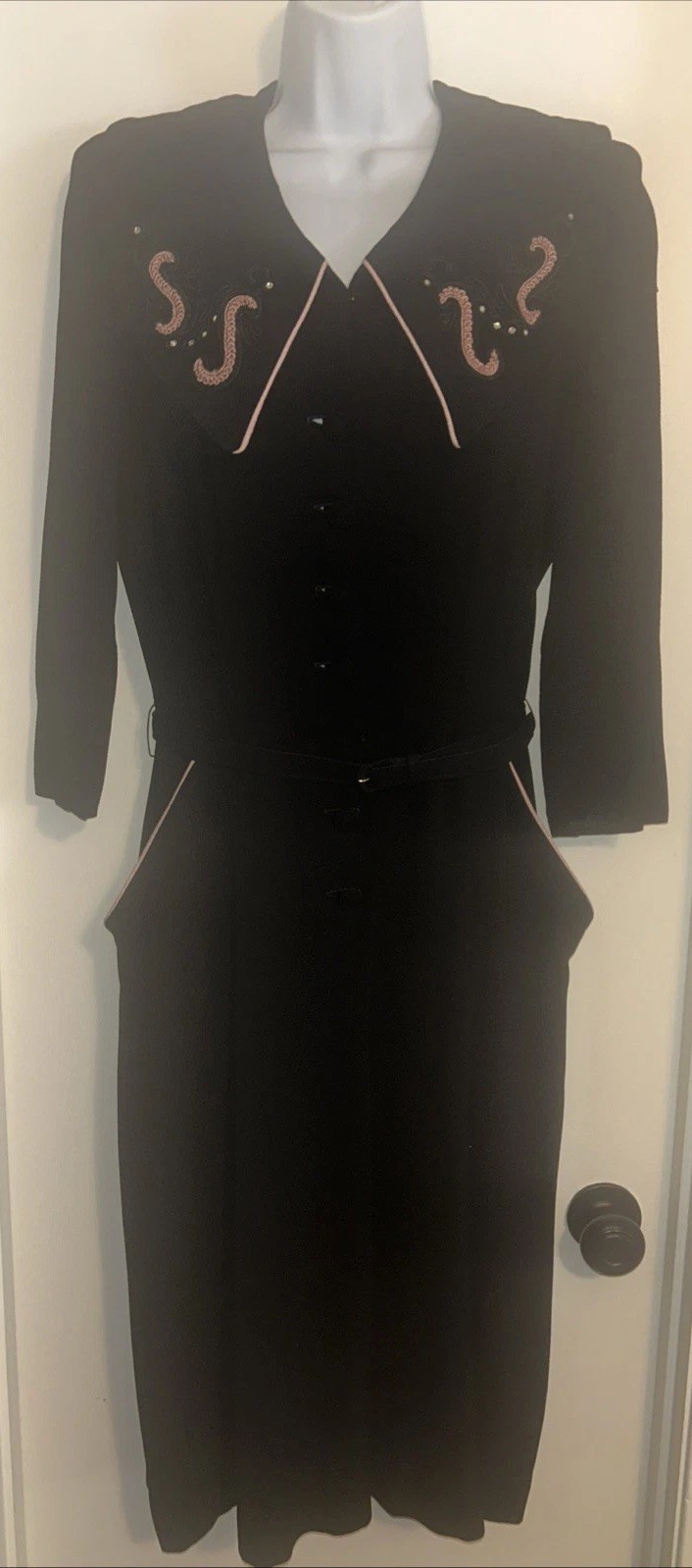 Vintage 50s 60s Belted Dress Black w/ Pink Piping Rhinestones Retro Rockabilly