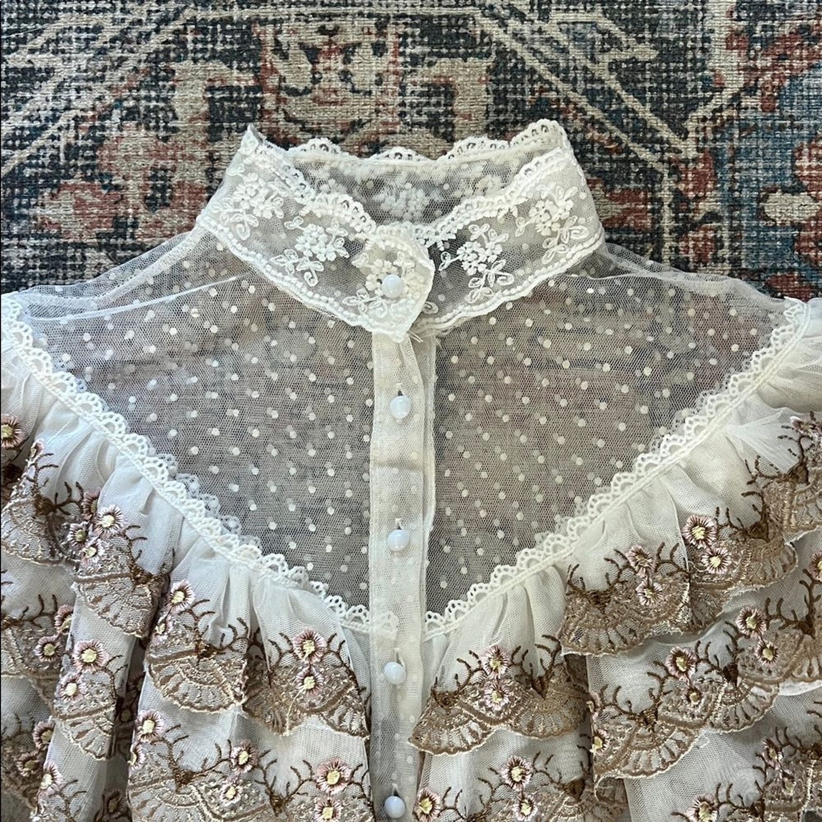 BEULAH Style Victorian-Inspired White Lace Blouse with Golden Embroidery Size: S