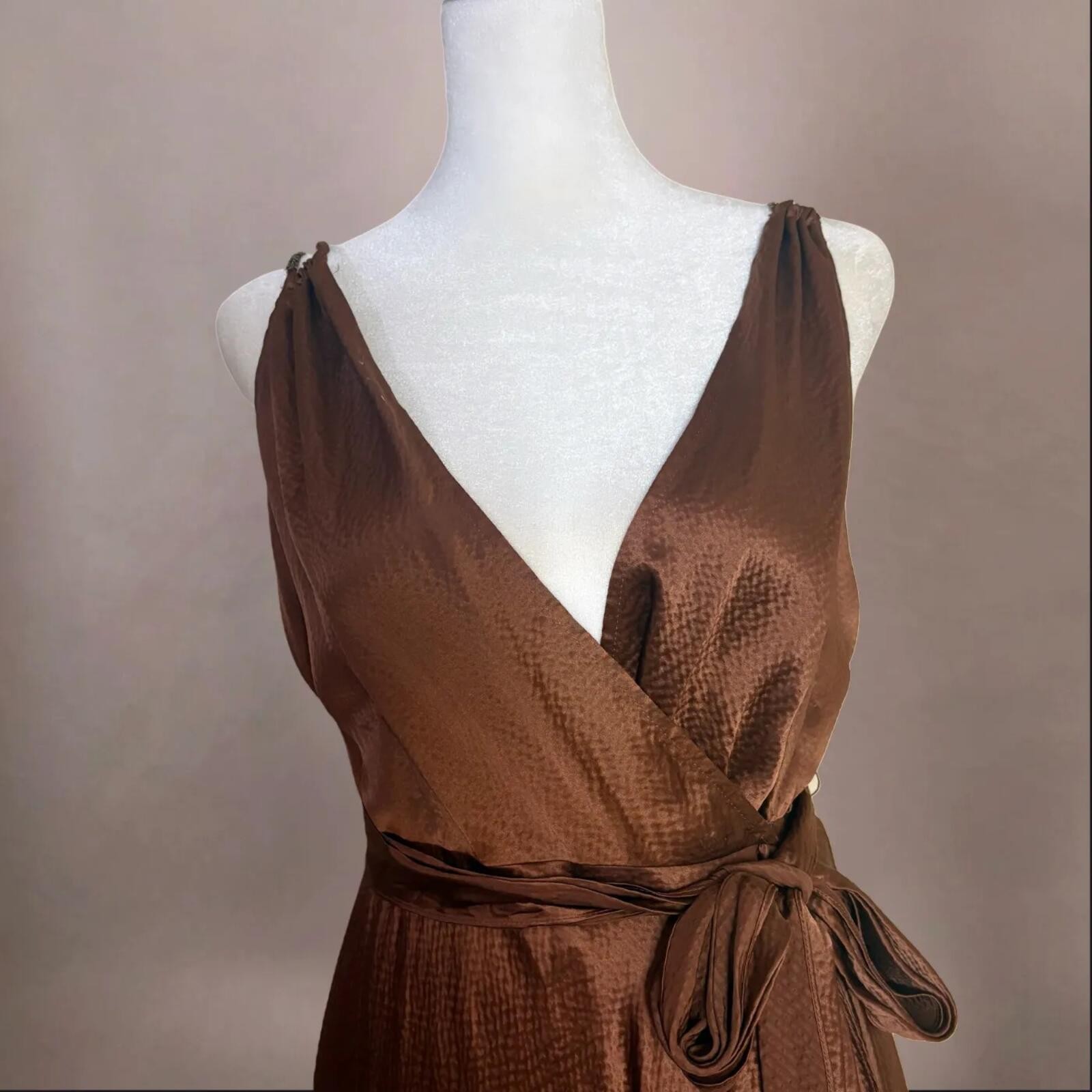 BCBG Copper Brown 100% Silk Wrap Beaded Ruffle Gown