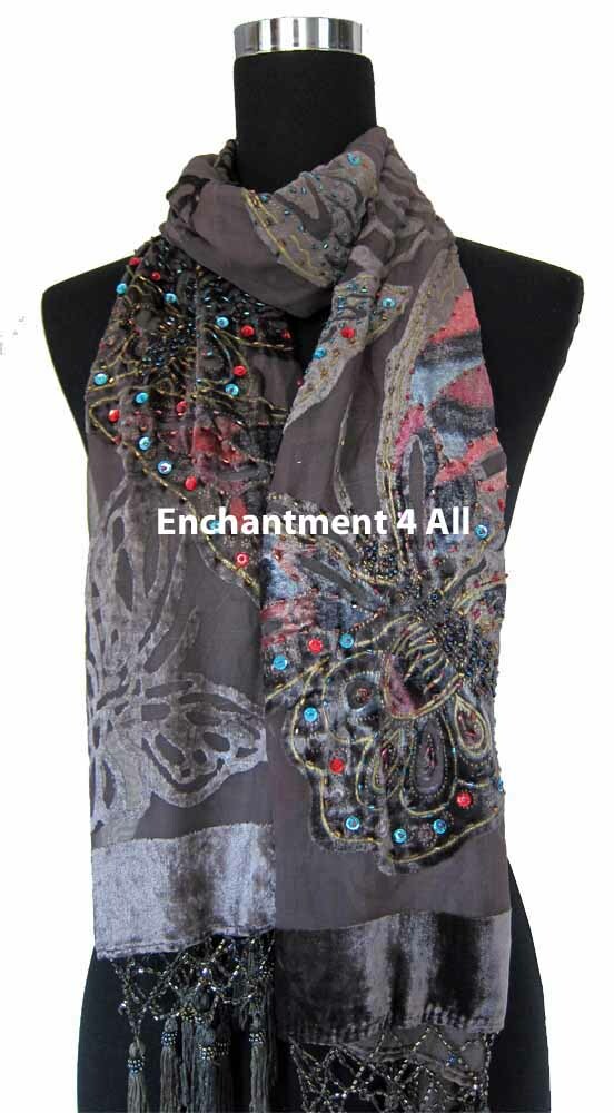 Handmade Beaded Butterfly 100% Silk Velvet Scarf Shawl, Gray