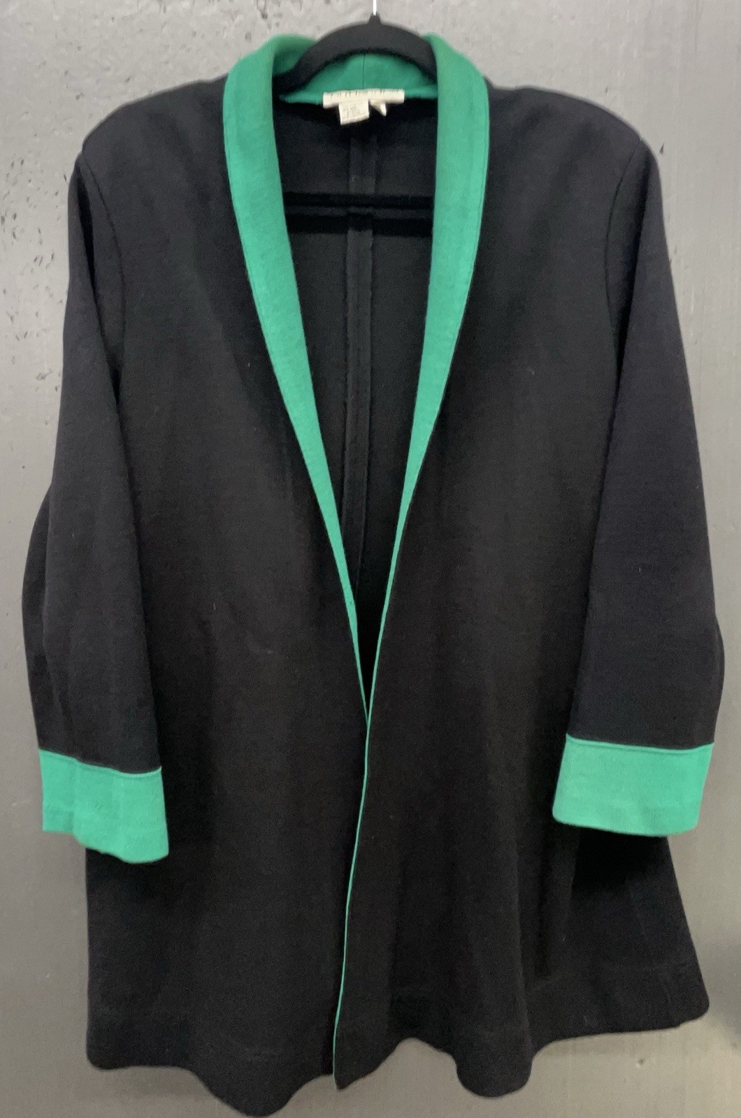 Vtg Wool Blend Jacket Blazer L Black Emerald Green Open Front Cardigan 80s 90s