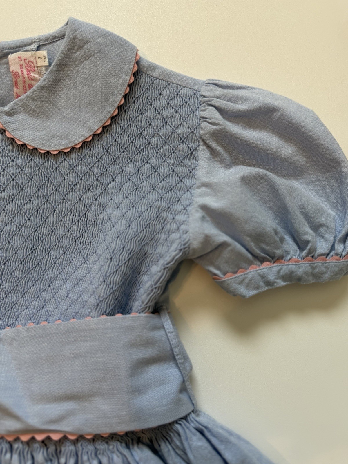 Vintage Bois de Rose Smocked Blue Dress Peter Pan Collar Size 7 Girls