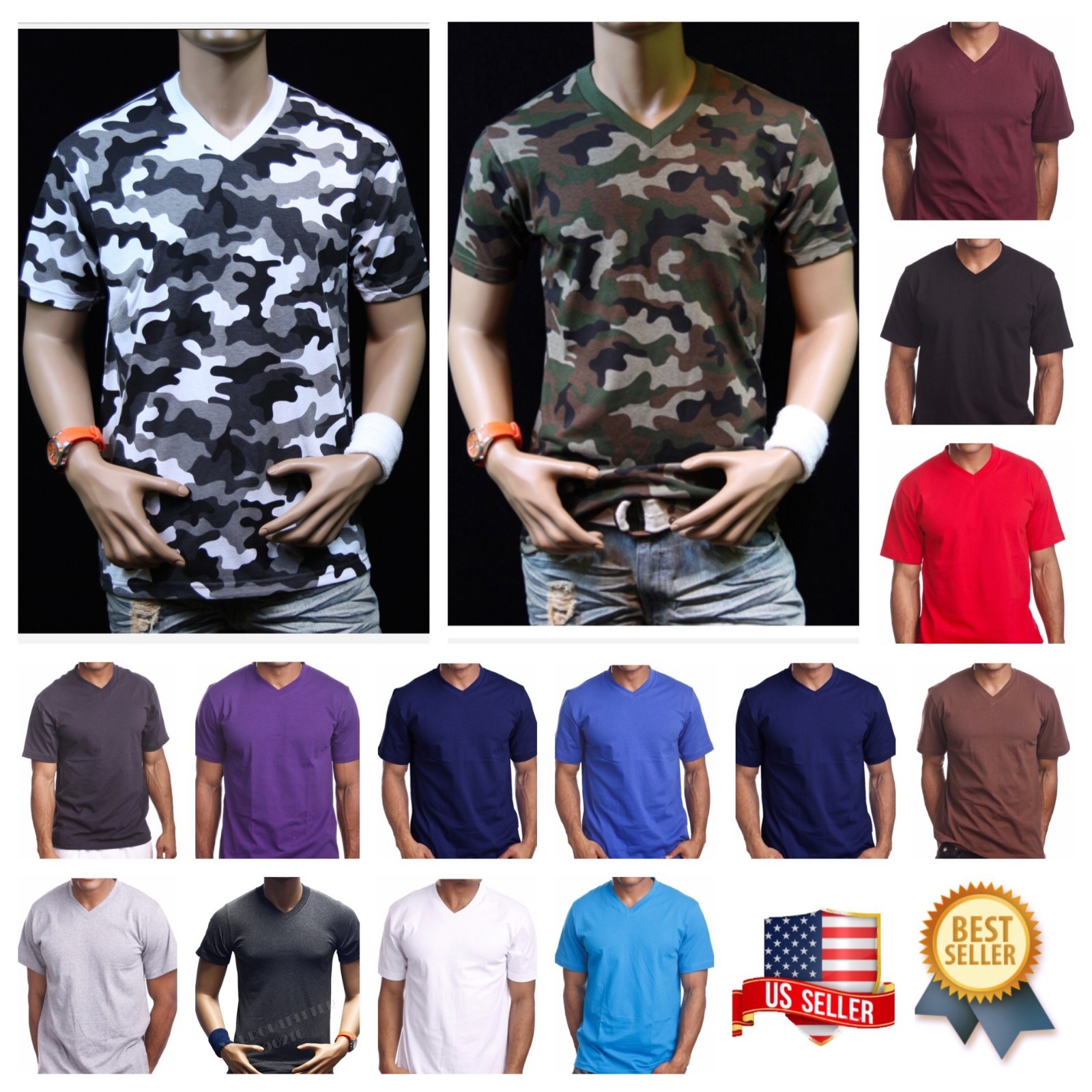 Men S-5XL T-Shirt HEAVY Weight V-NECK Camo Plain Solid Cotton Big Size Tee